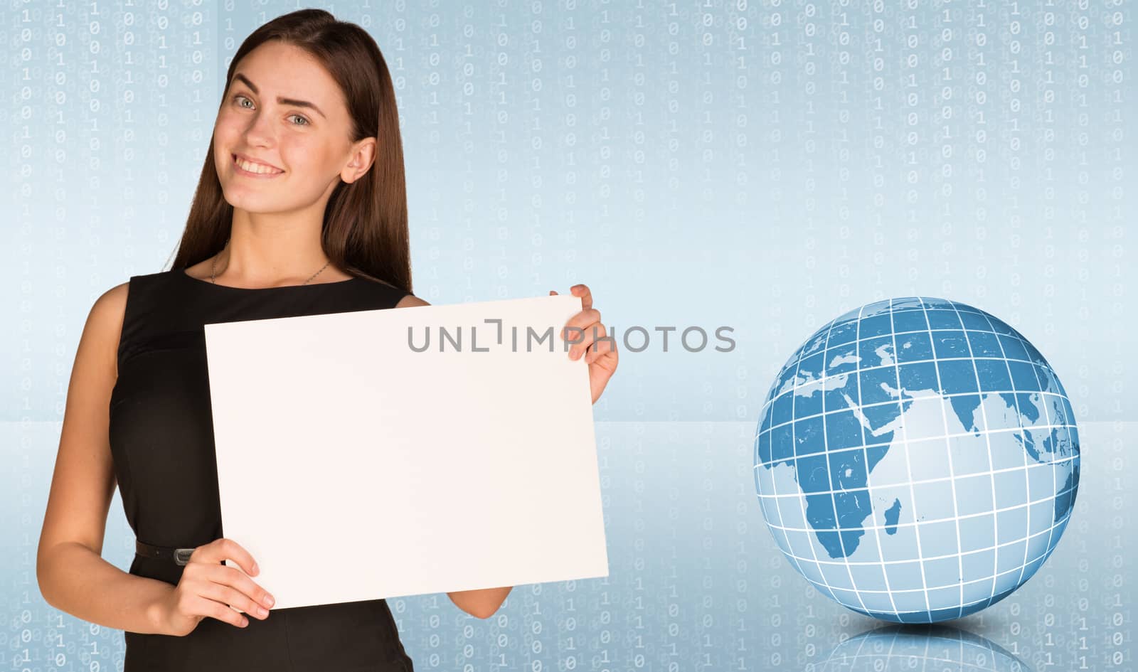 Businesswoman hold paper sheet. Earth and graphs as backdrop. Elements of this image furnished by NASA