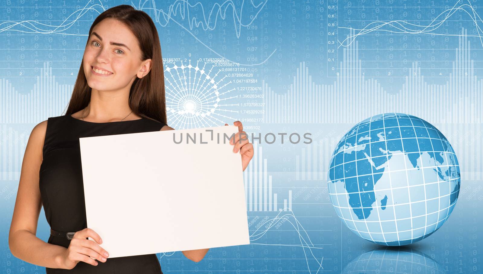 Businesswoman hold paper sheet. Earth and graphs as backdrop. Elements of this image furnished by NASA