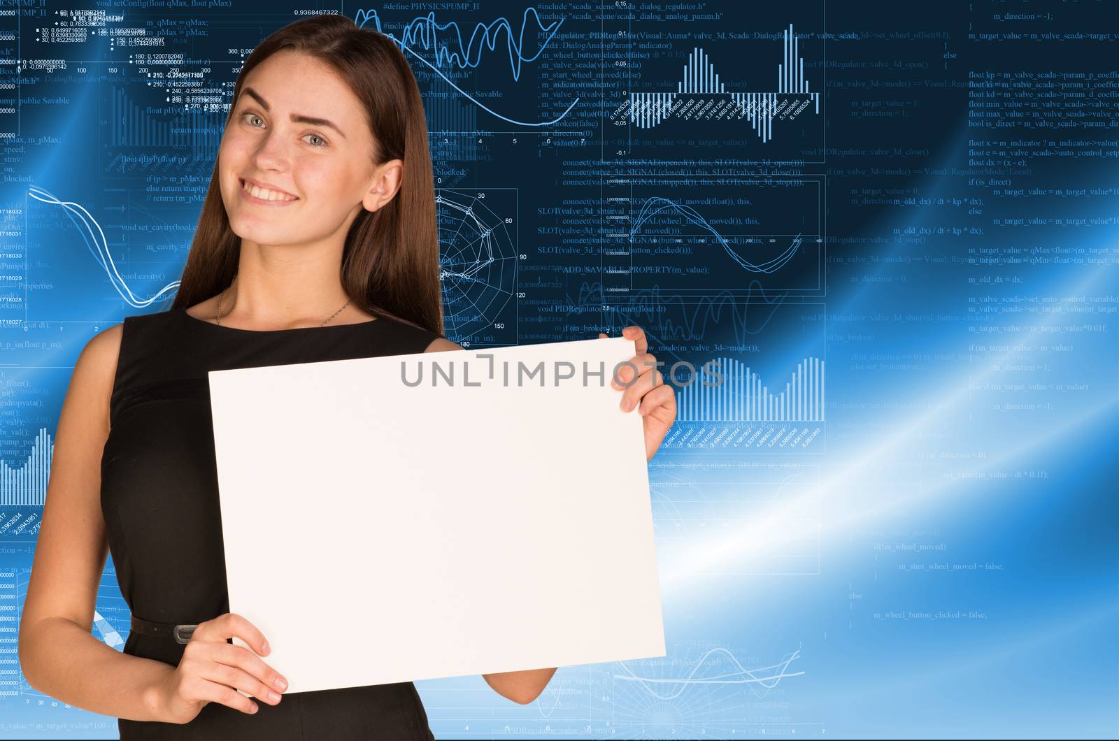 Businesswoman hold paper sheet. Graphs as backdrop