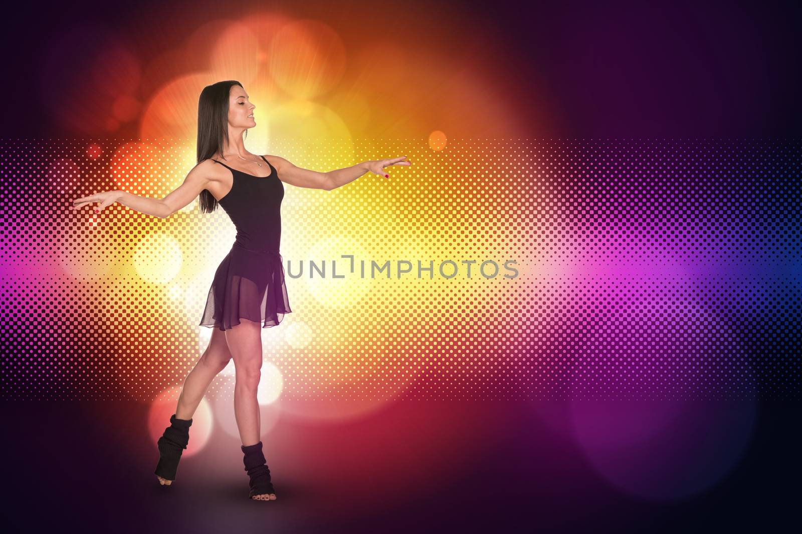 Beautiful dancer. Glow multicolor circles as backdrop