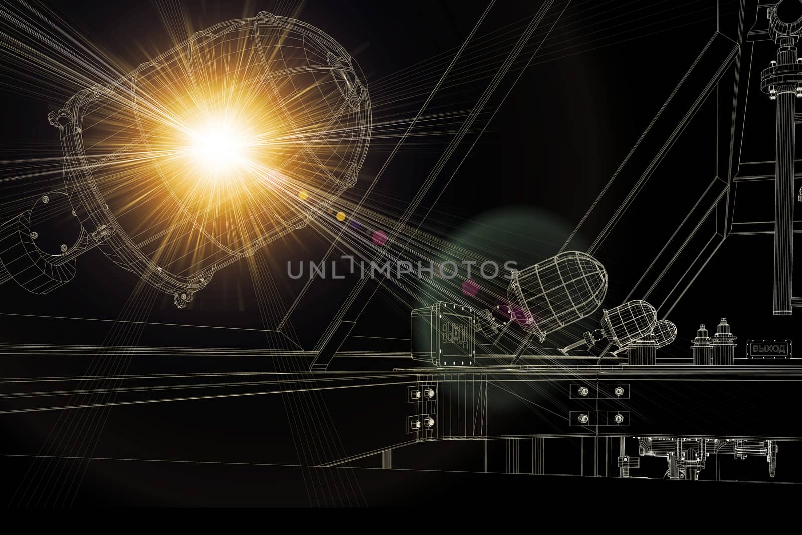 Wire-frame industrial equipment. Bright light from lamp. Dark background. Industrial concept
