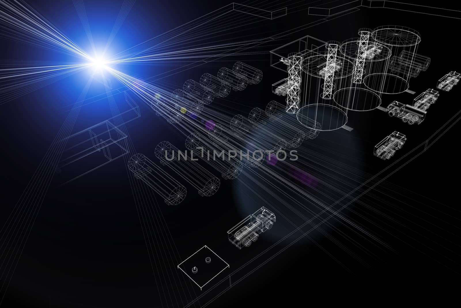 Wire-frame industrial tanks with light on dark background. Industrial concept