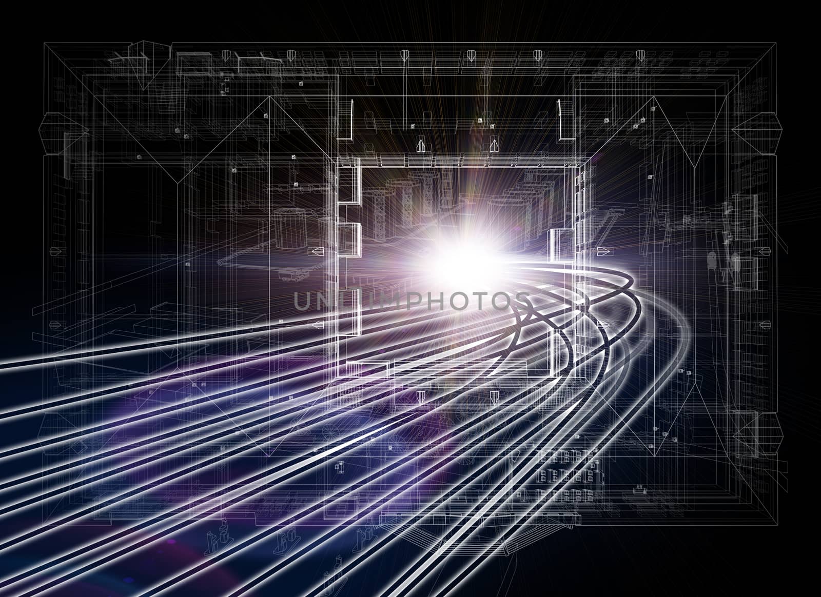 Wire-frame buildings with light on dark background by cherezoff