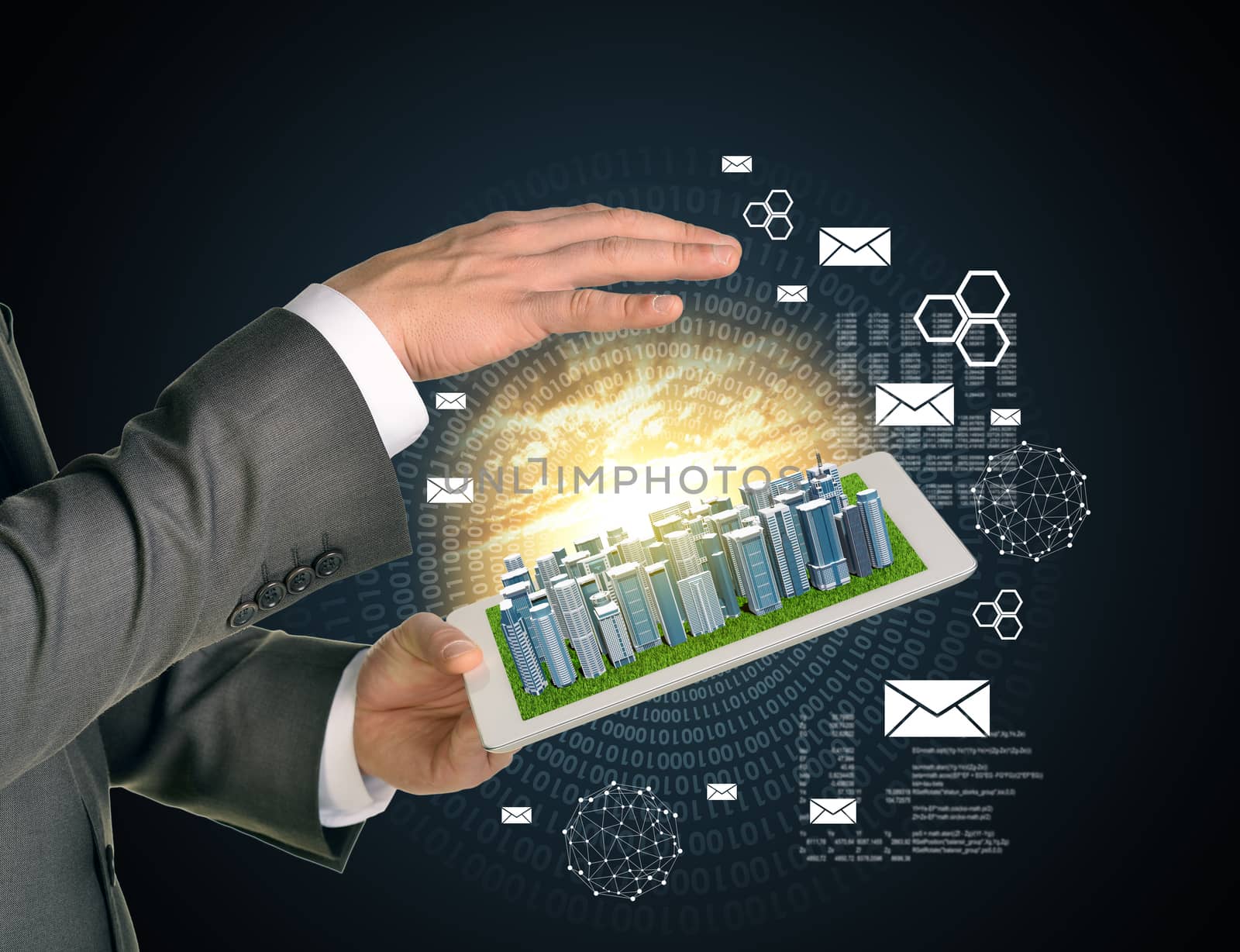 Man hands using tablet pc. Business city on touch screen. Figures as backdrop by cherezoff