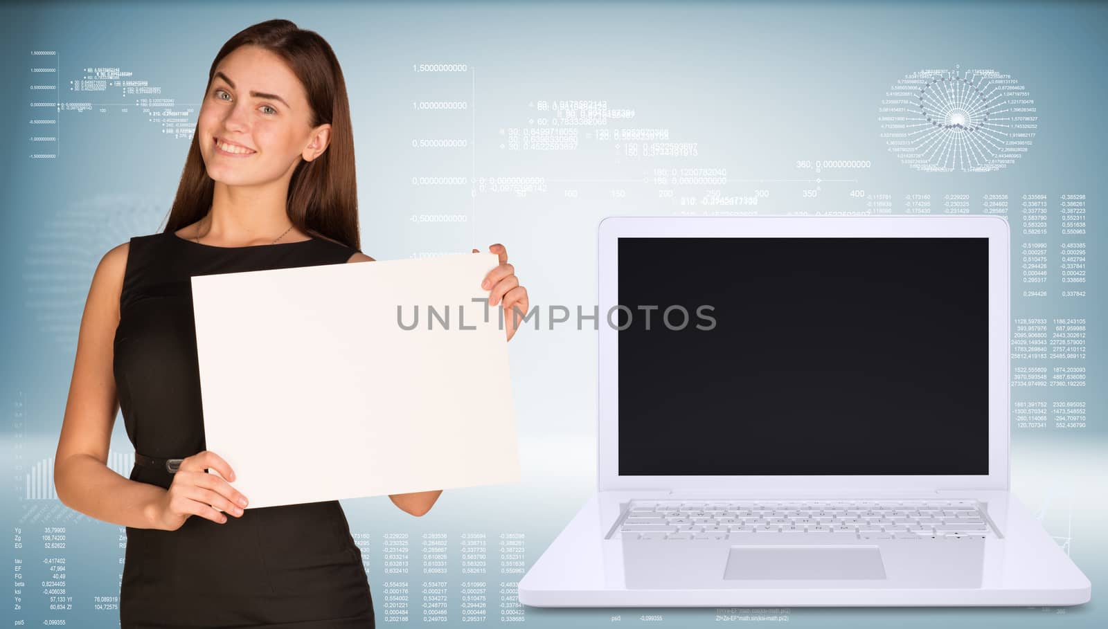 Businesswoman hold paper sheet. Open laptop with empty screen stands next. Graphs as backdrop