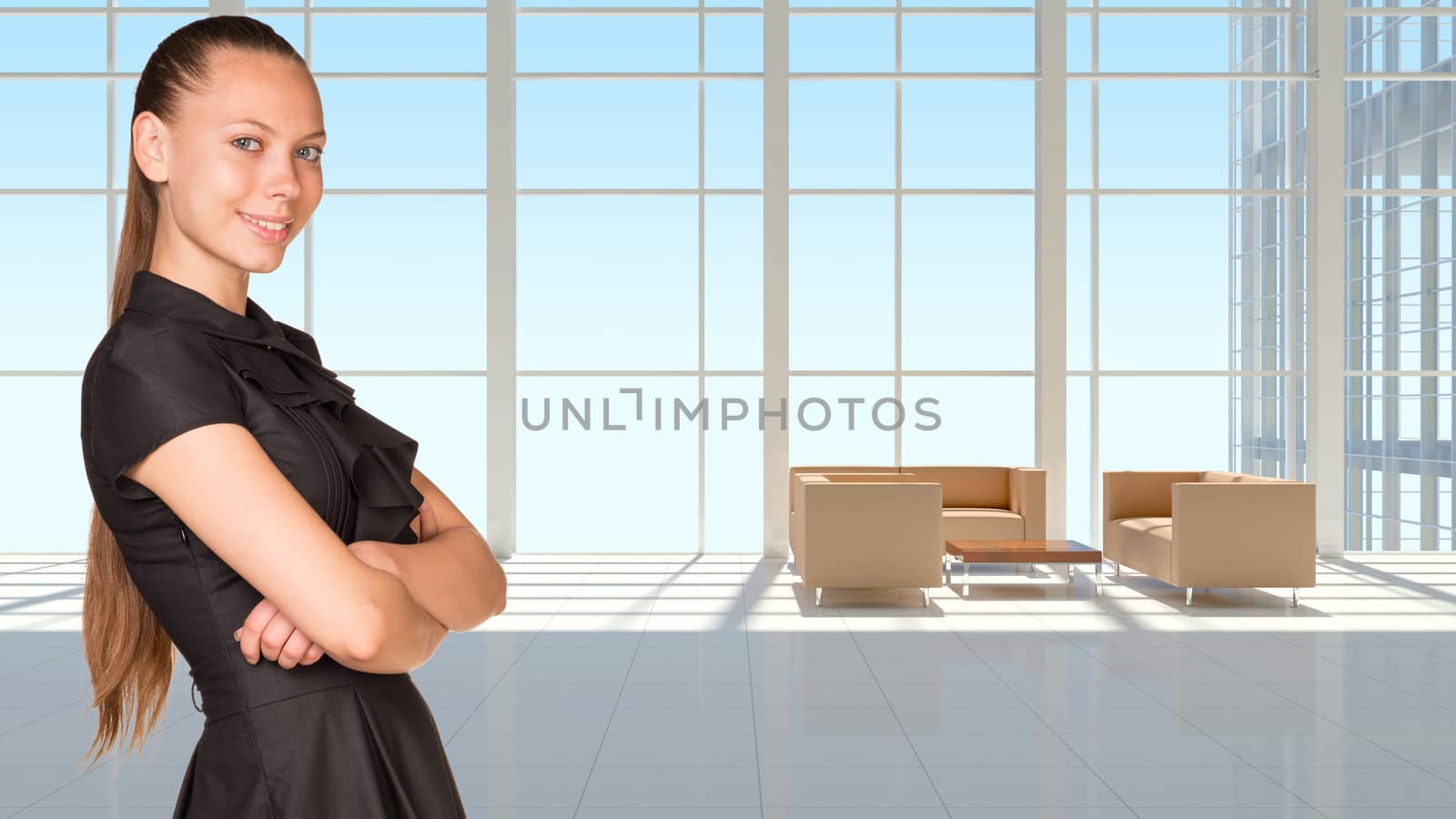 Businesswoman in dress smiling and looking at camera. Large window in office building as background