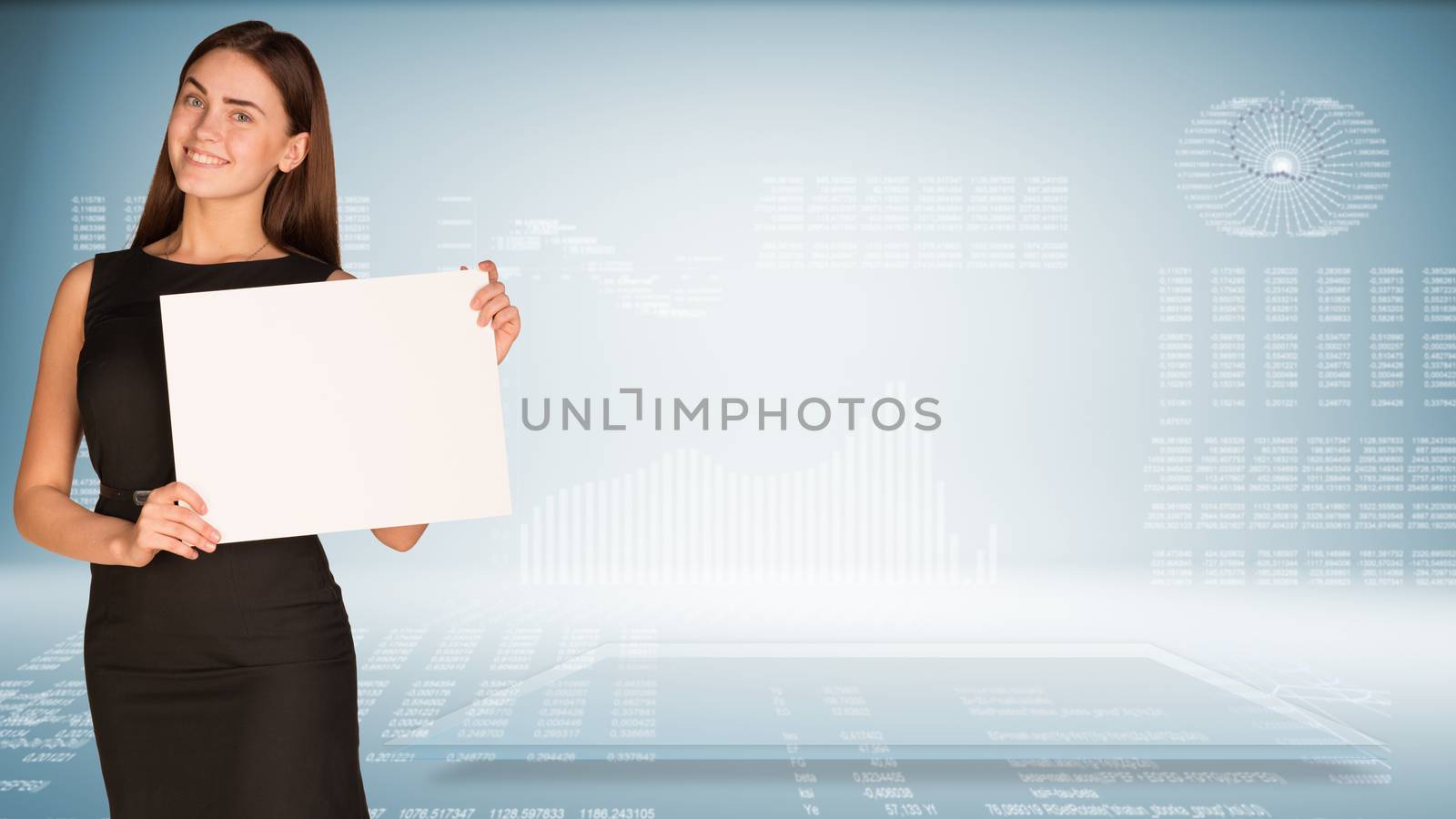 Businesswoman hold paper sheet. Graphs as backdrop