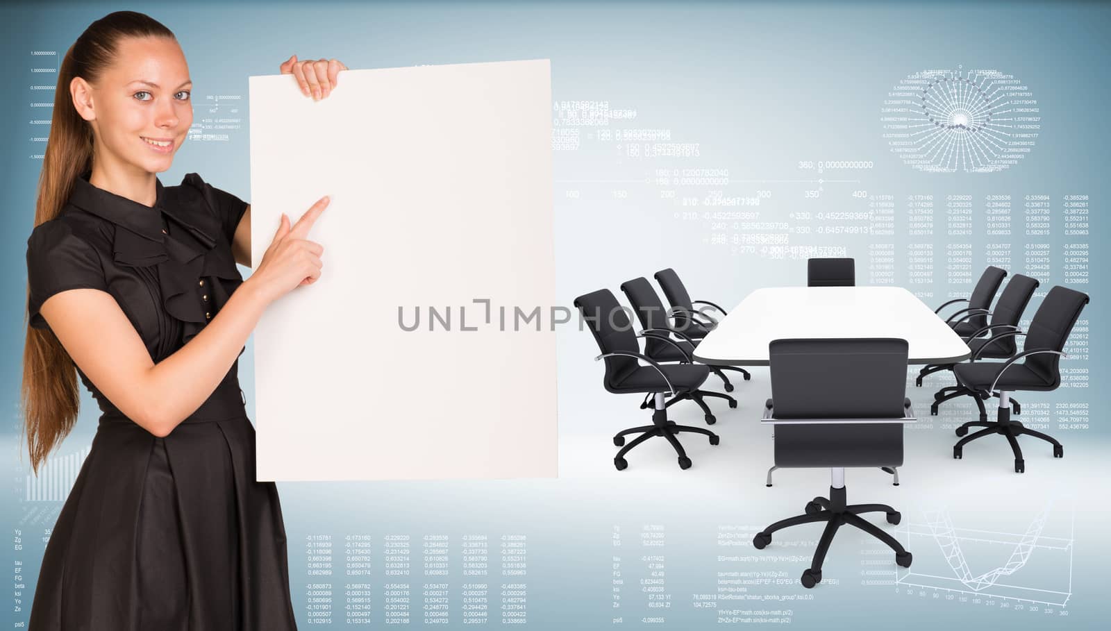 Businesswoman hold paper sheet. Big conference table with chairs are located next by cherezoff