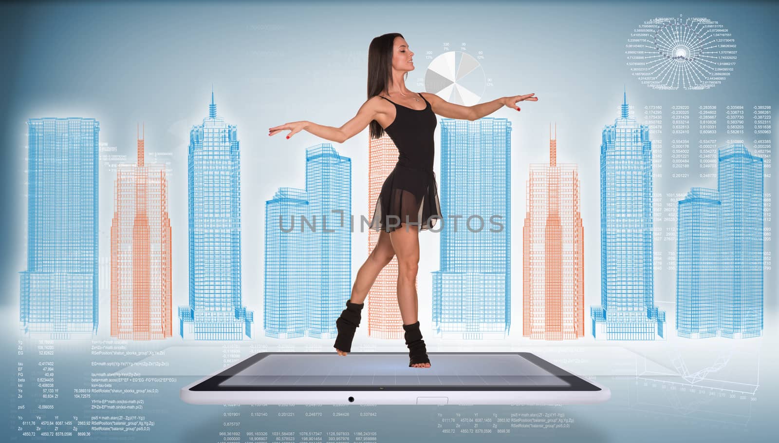 Beautiful woman dancer dancing on screen of tablet pc. Wire-frame business city and graphs by cherezoff