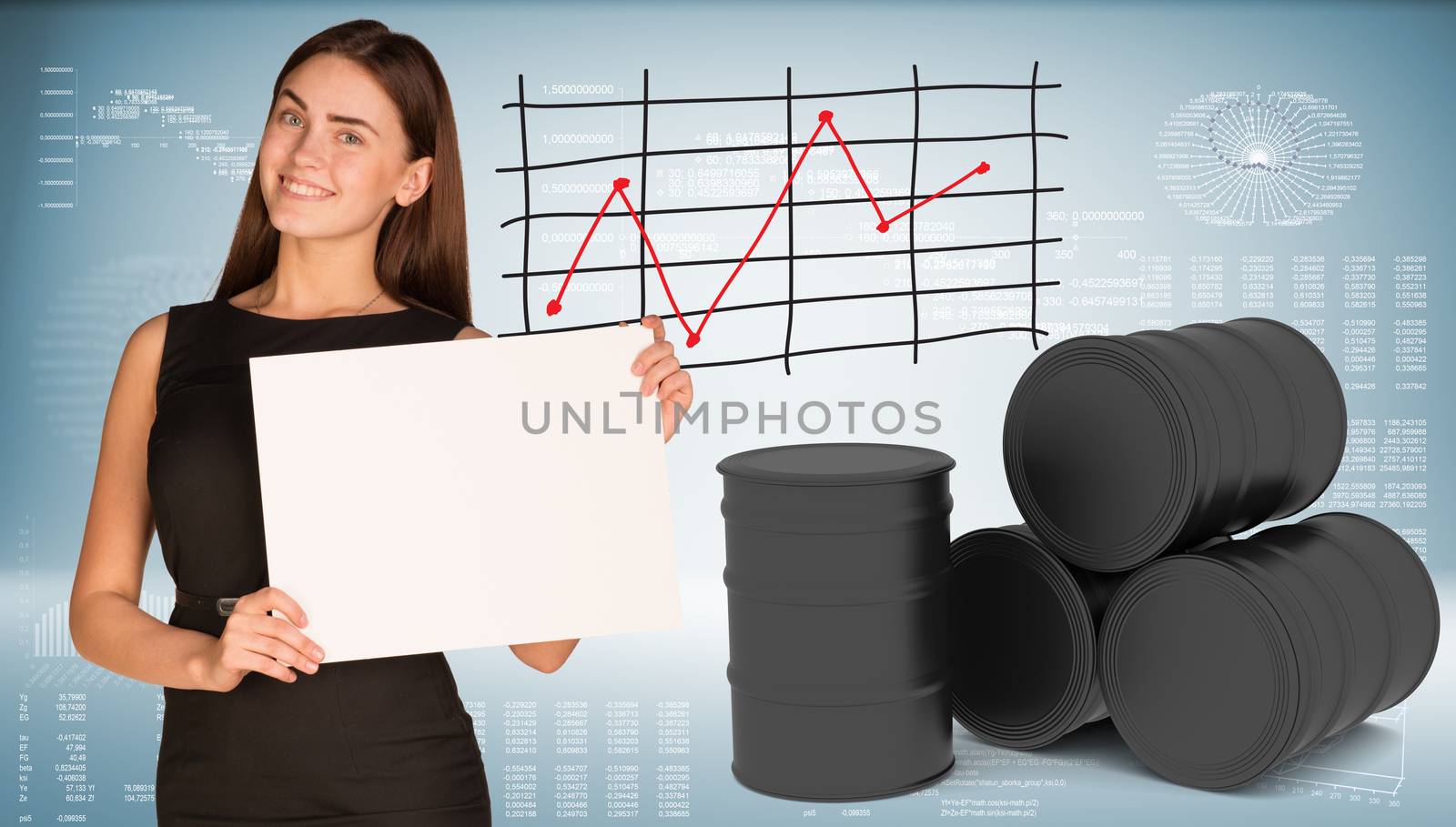 Businesswoman hold paper sheet. Black oil barrels are located next. Graph as backdrop