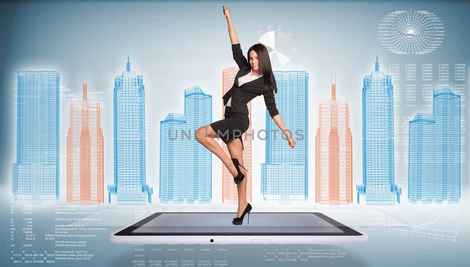 Beautiful businesswoman in jacket and skirt posing on screen of tablet pc. Wire-frame business city and graphs as backdrop