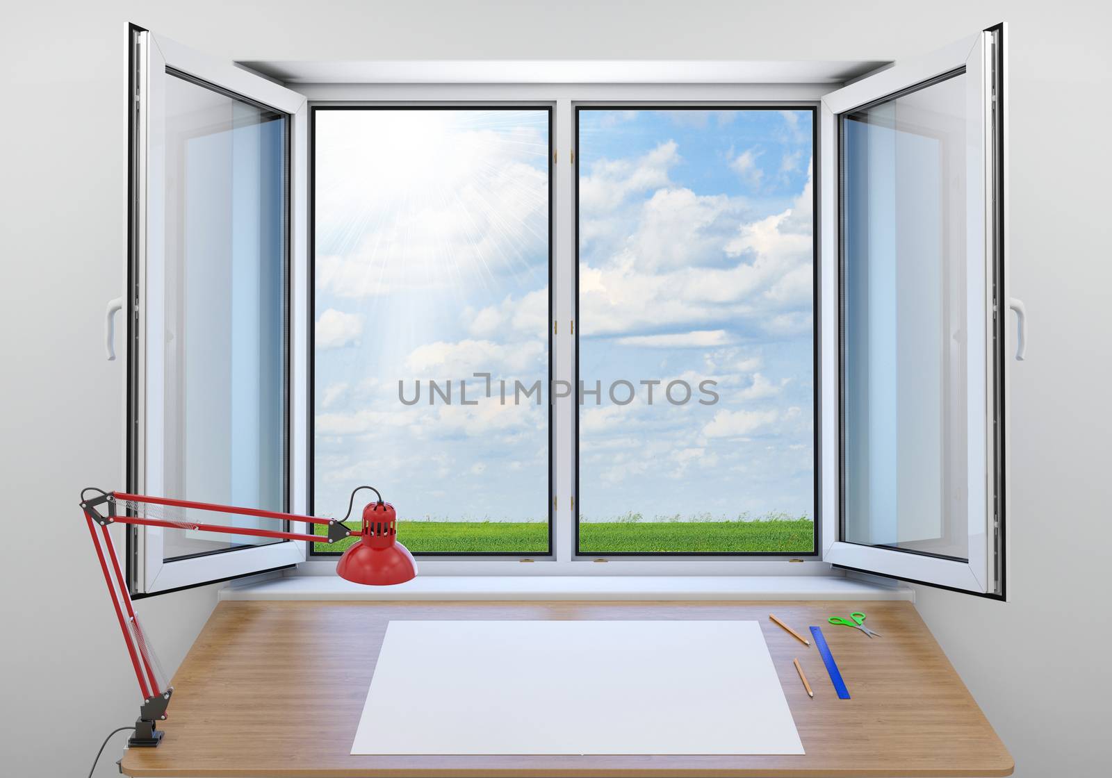 Open window. Outside the window green meadow and sky. In room are located wooden table with paper sheet, pencil and lamp. Freedom concept