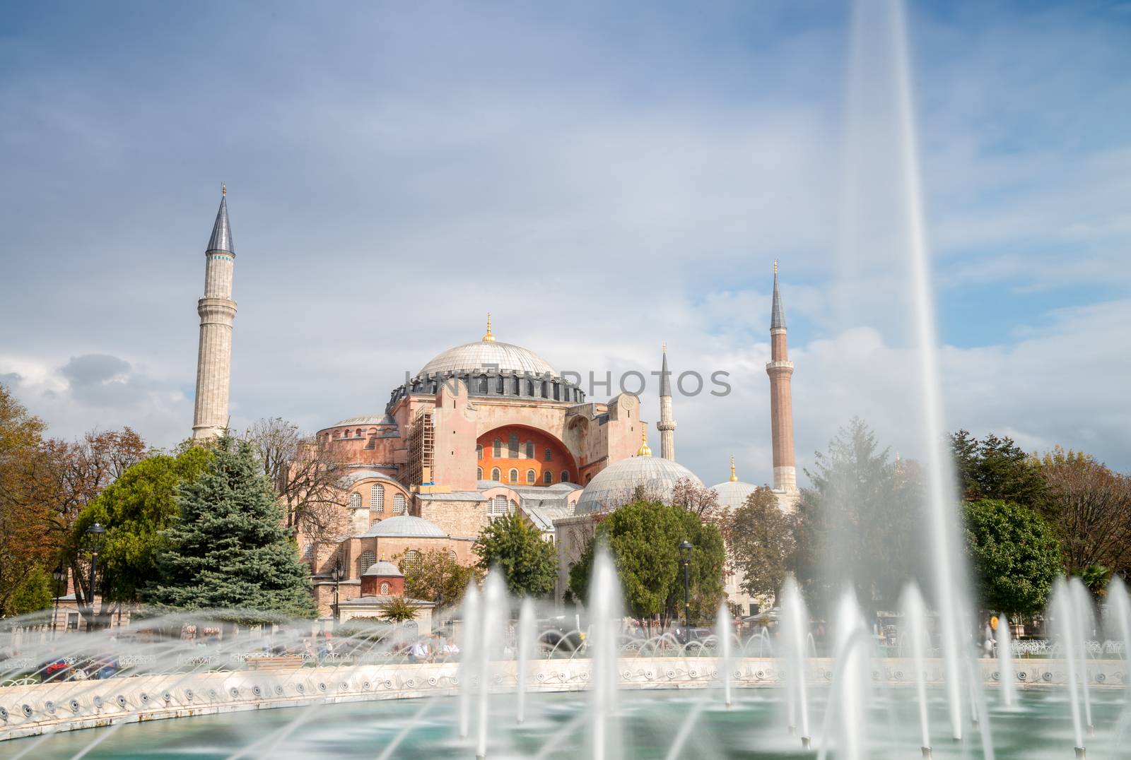 Hagia Sophia with Sultanahmet Square fountain. Istanbul, Turkey.