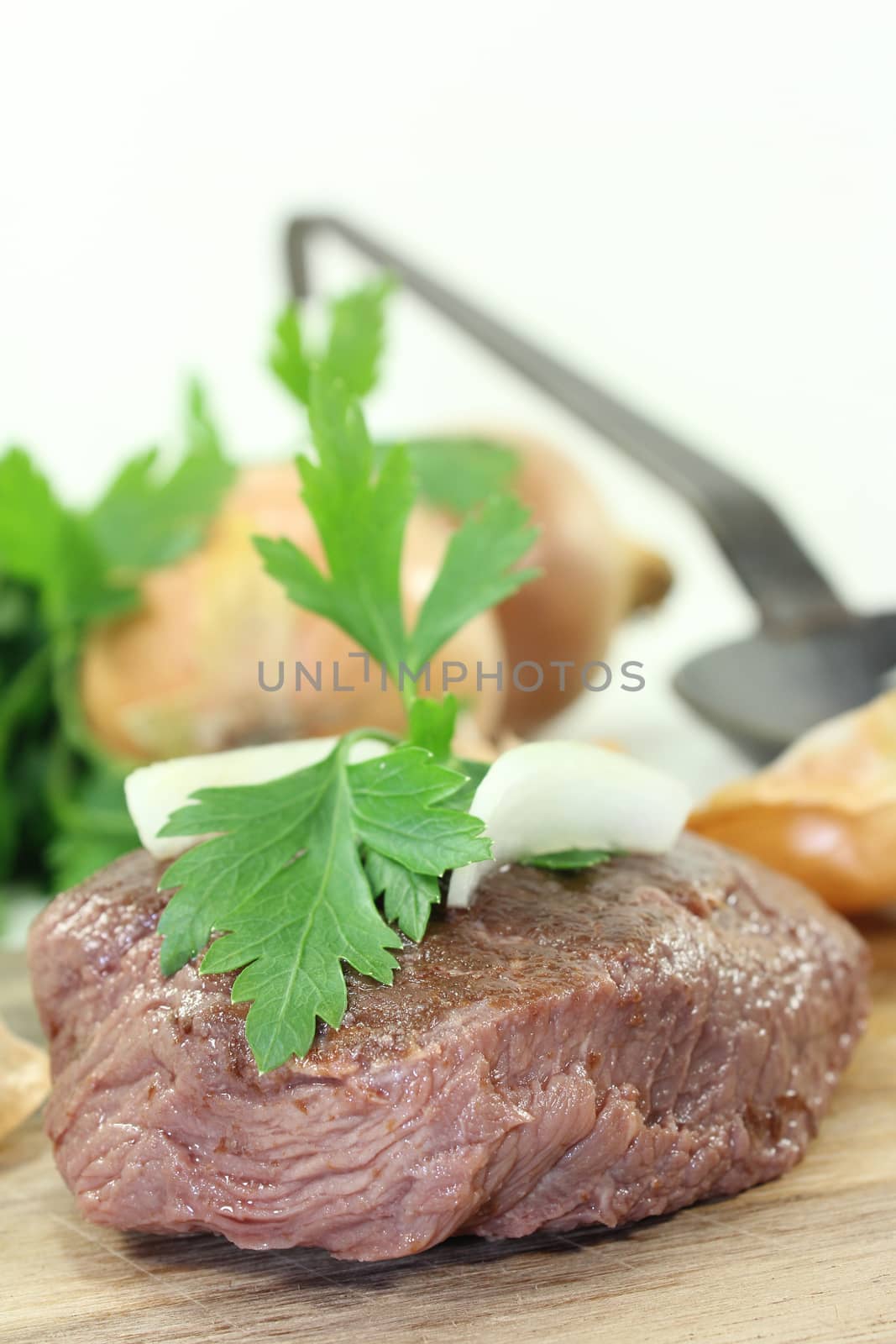 Ostrich steak with onions on a light background