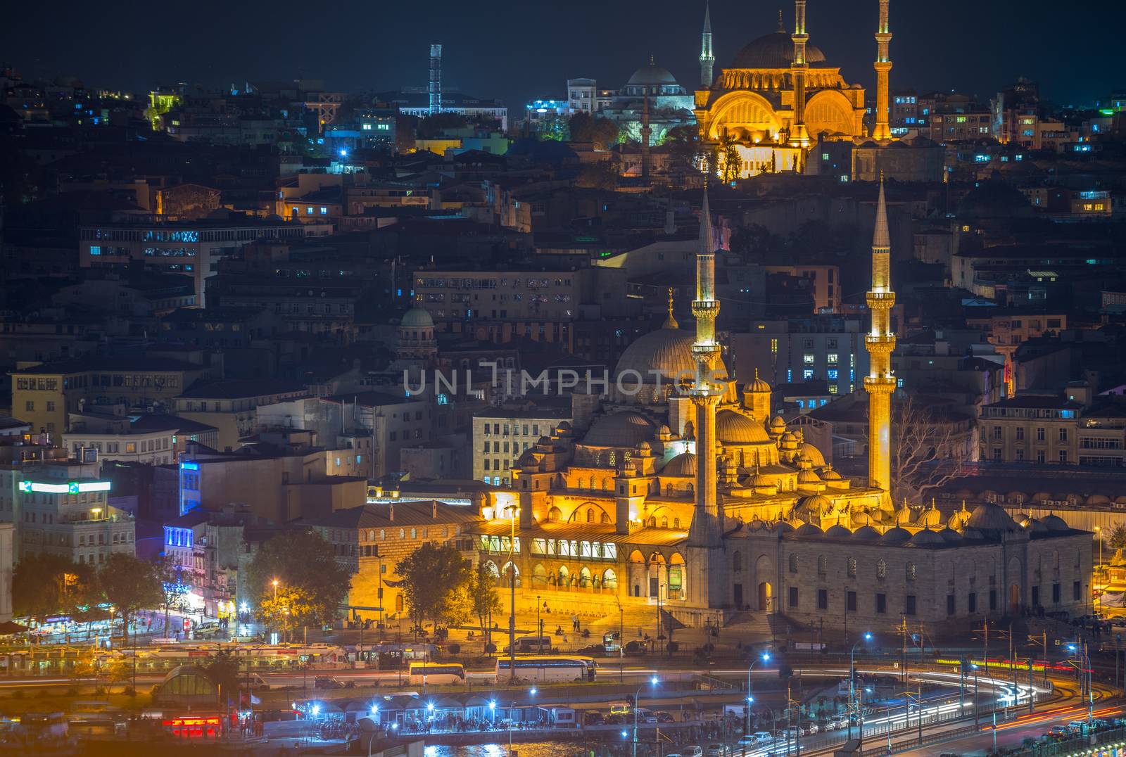 Yeni Cami, New Mosque. Istanbul night aerial view.