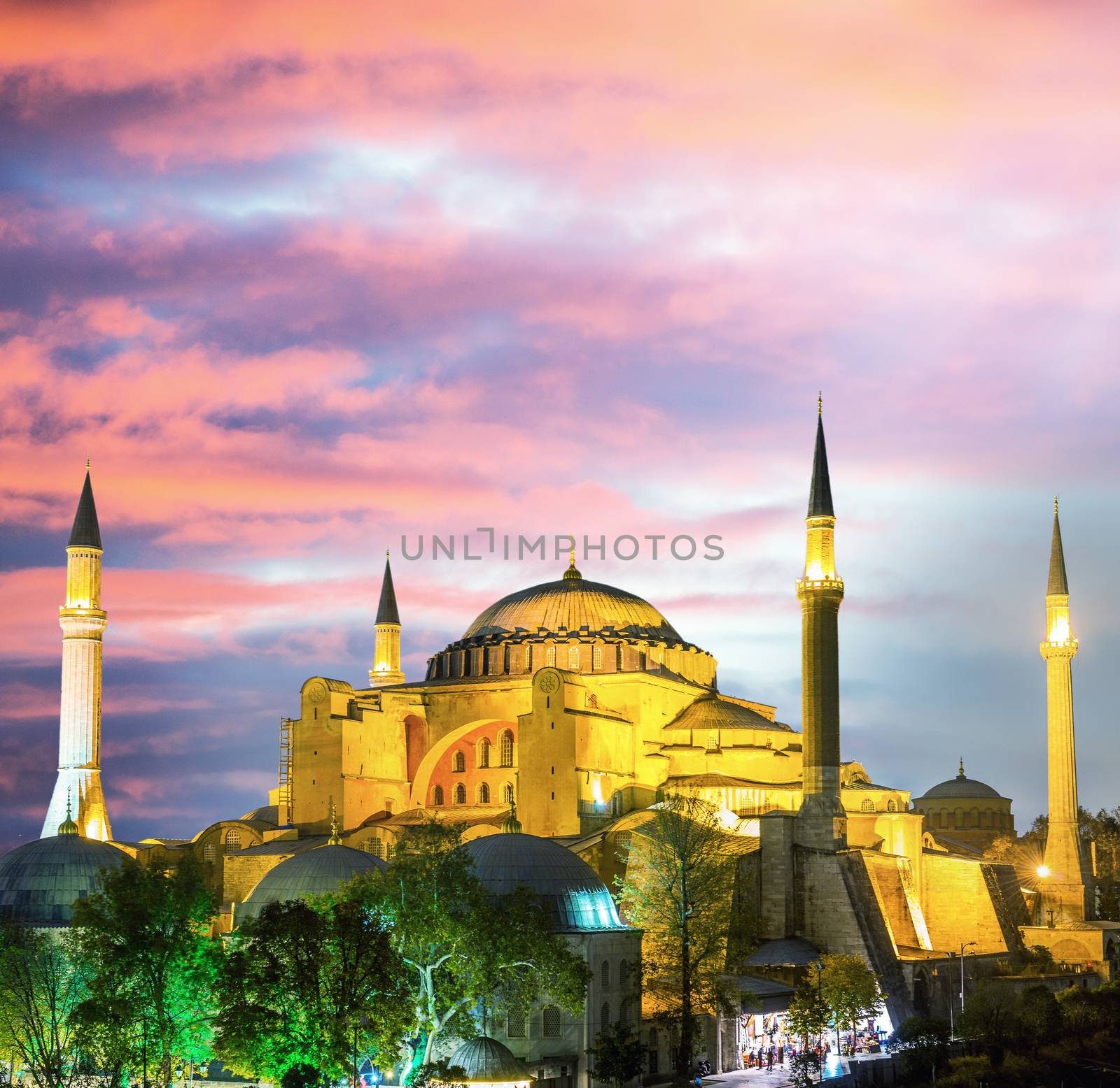Hagia Sophia Church illuminated at dusk, Istanbul.