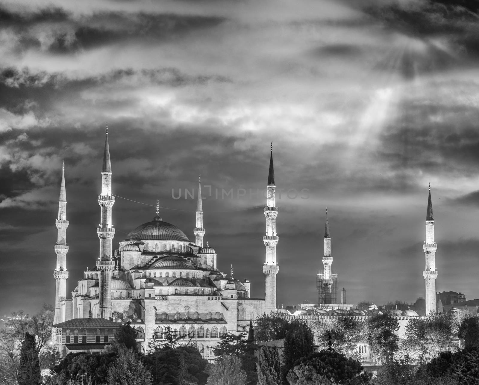 Blus Mosque, Istanbul. Aerial night view with sunset sky.