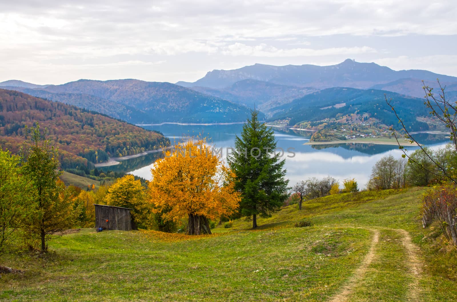 Autumnal landscape: meadow, lake and mountains in beautiful colors.