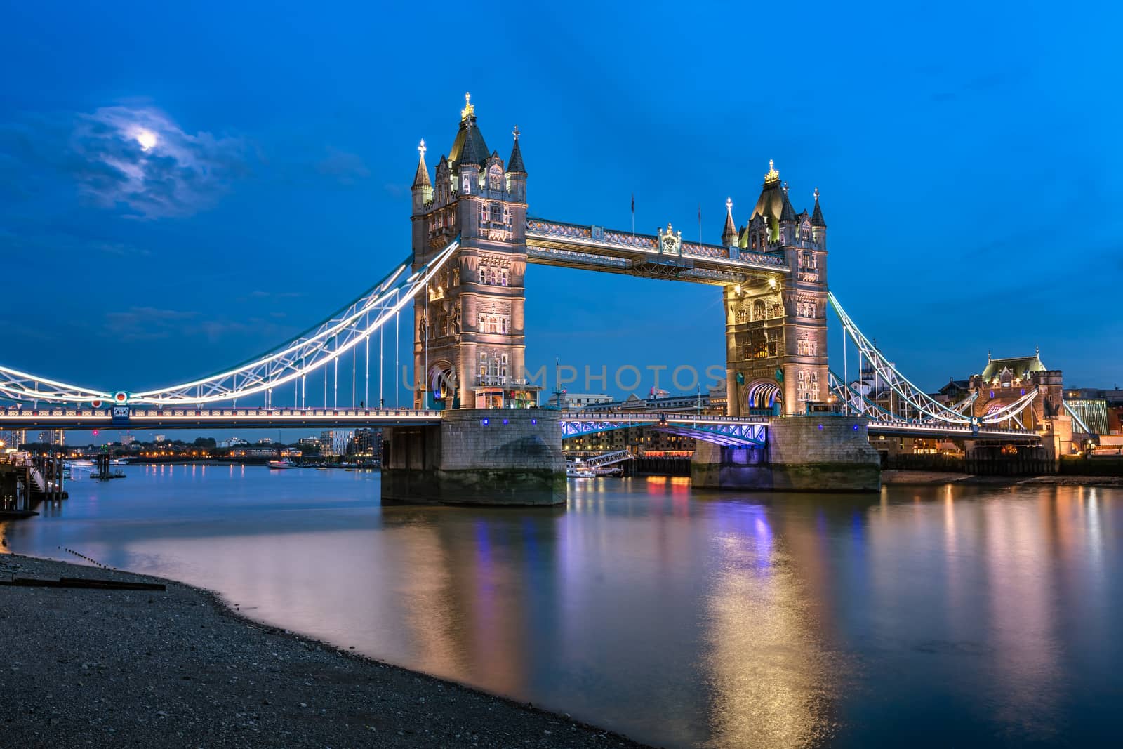 Tower Bridge and Thames River Lit by Moonlight at the Evening, L by anshar