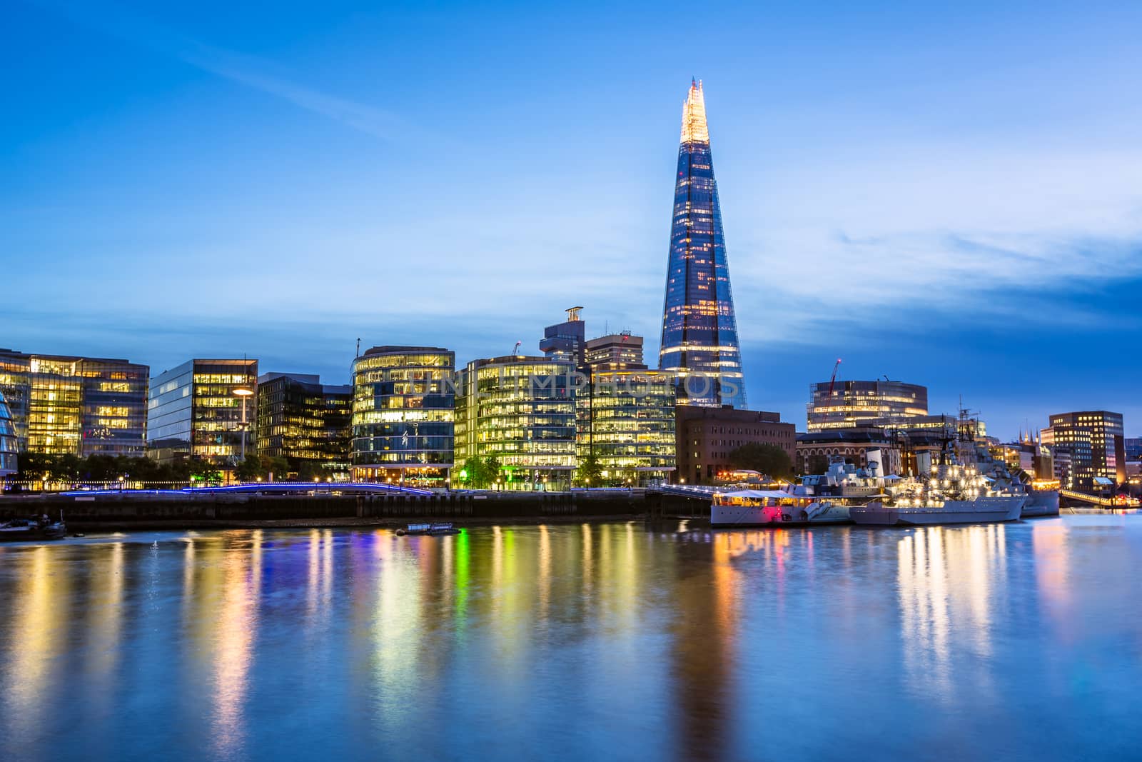 Thames River Embankment and London Skyline at Sunset, United Kingdom