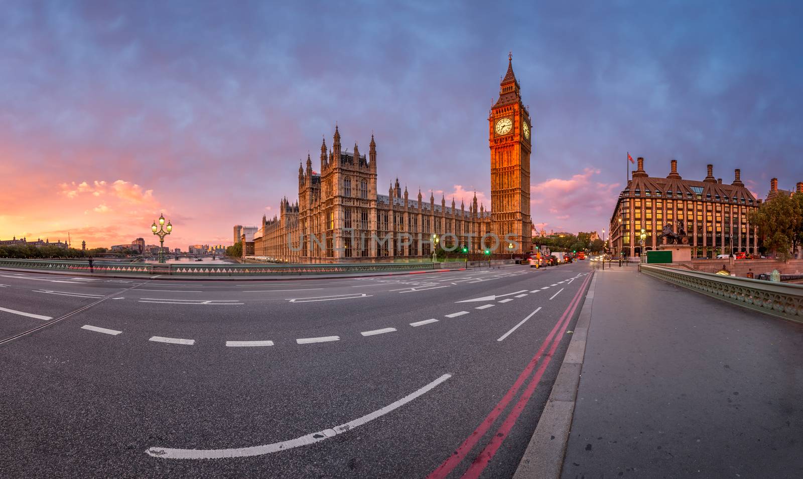 Panorama of Queen Elizabeth Clock Tower and Westminster Palace in the Morning, London, United Kingdom