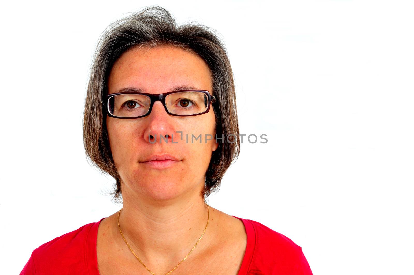 A Woman in red t shirt on smartphone in studio