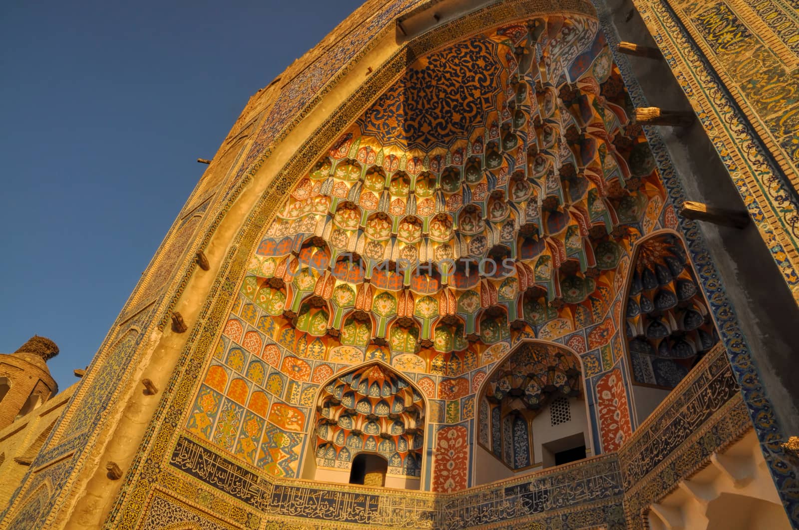 Side-view of the intricate wood carvings in Abdulaziz Khan Madrassah (Museum of Wood Carving Art), Uzbekistan