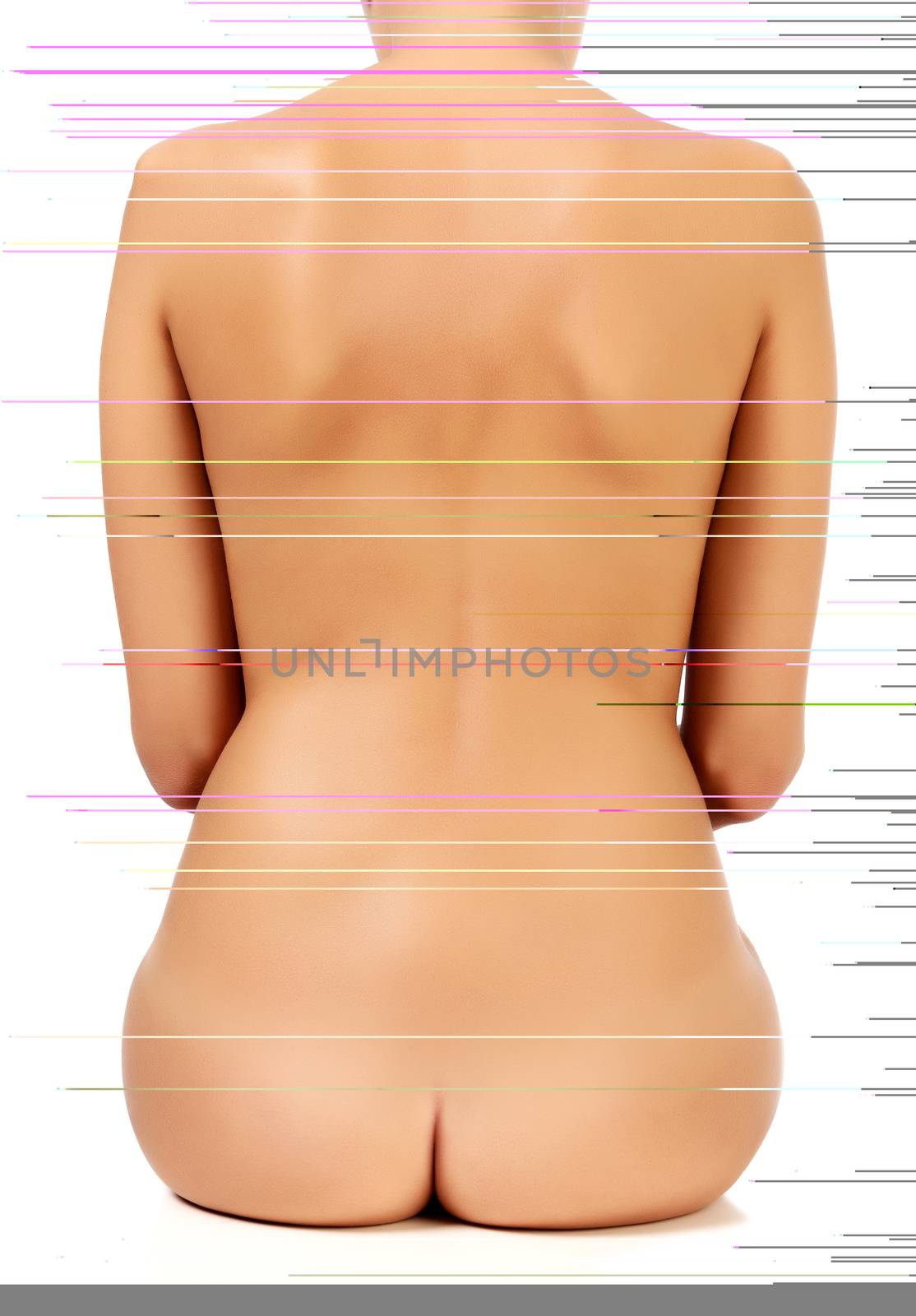 Naked female back, white background, isolated
