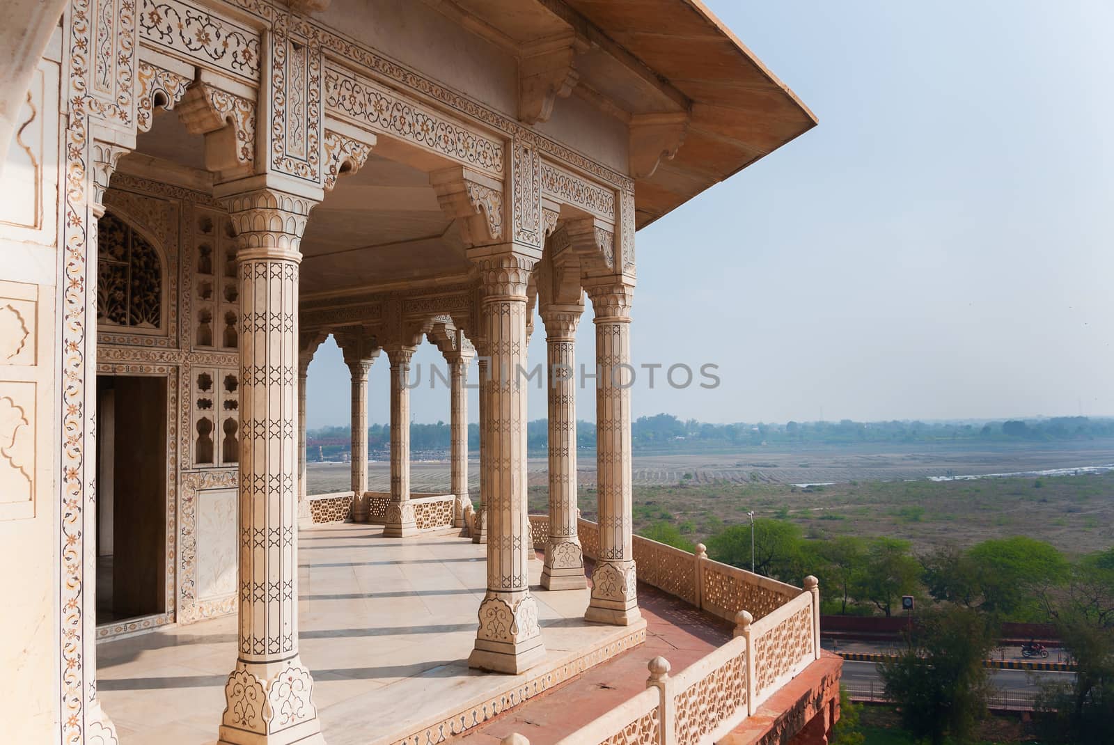 Columned viewing point outside royal chambers at Agra Fort Palac by Claudine
