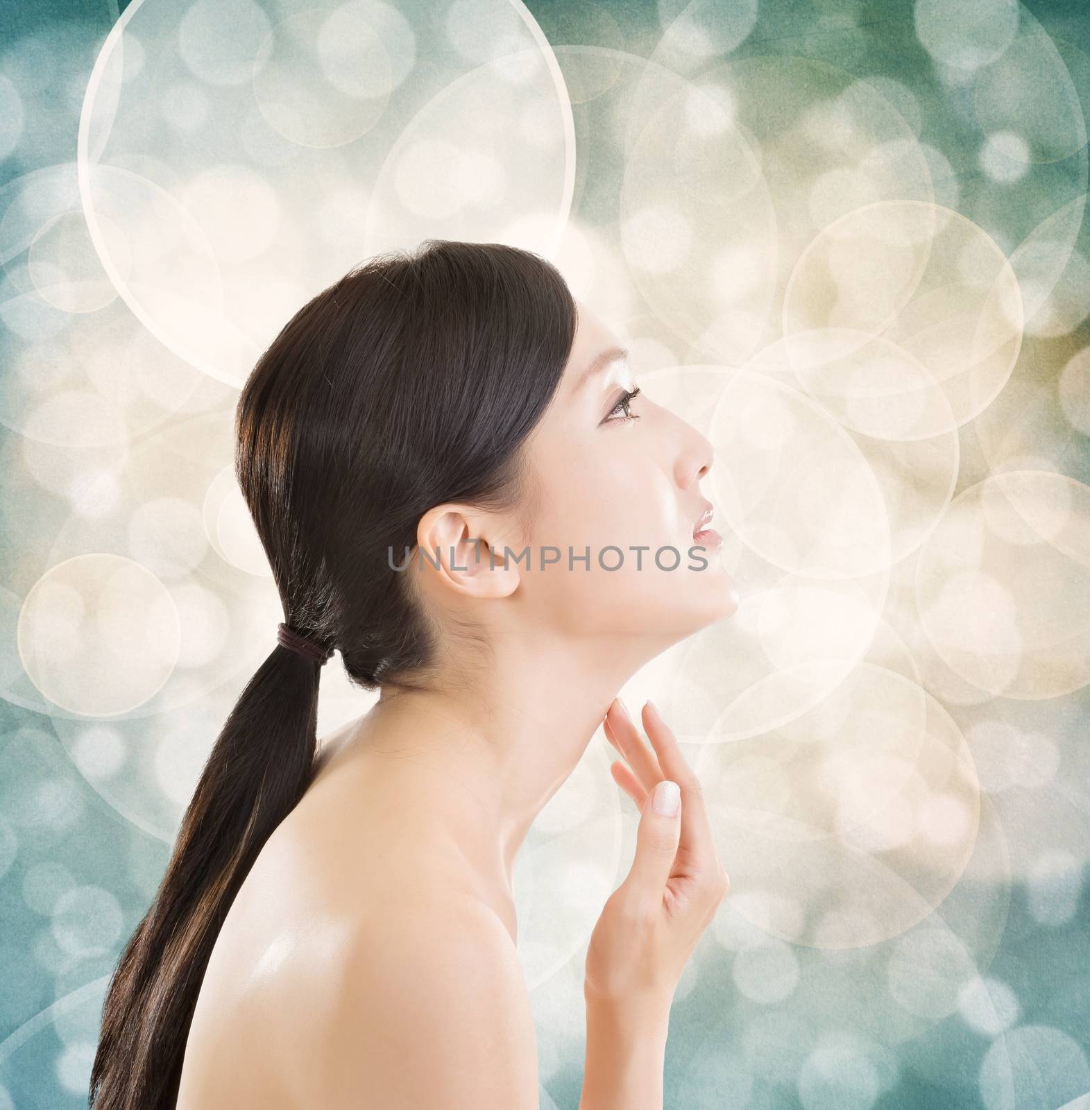 Asian beauty face closeup portrait with clean and fresh elegant lady. Side view.