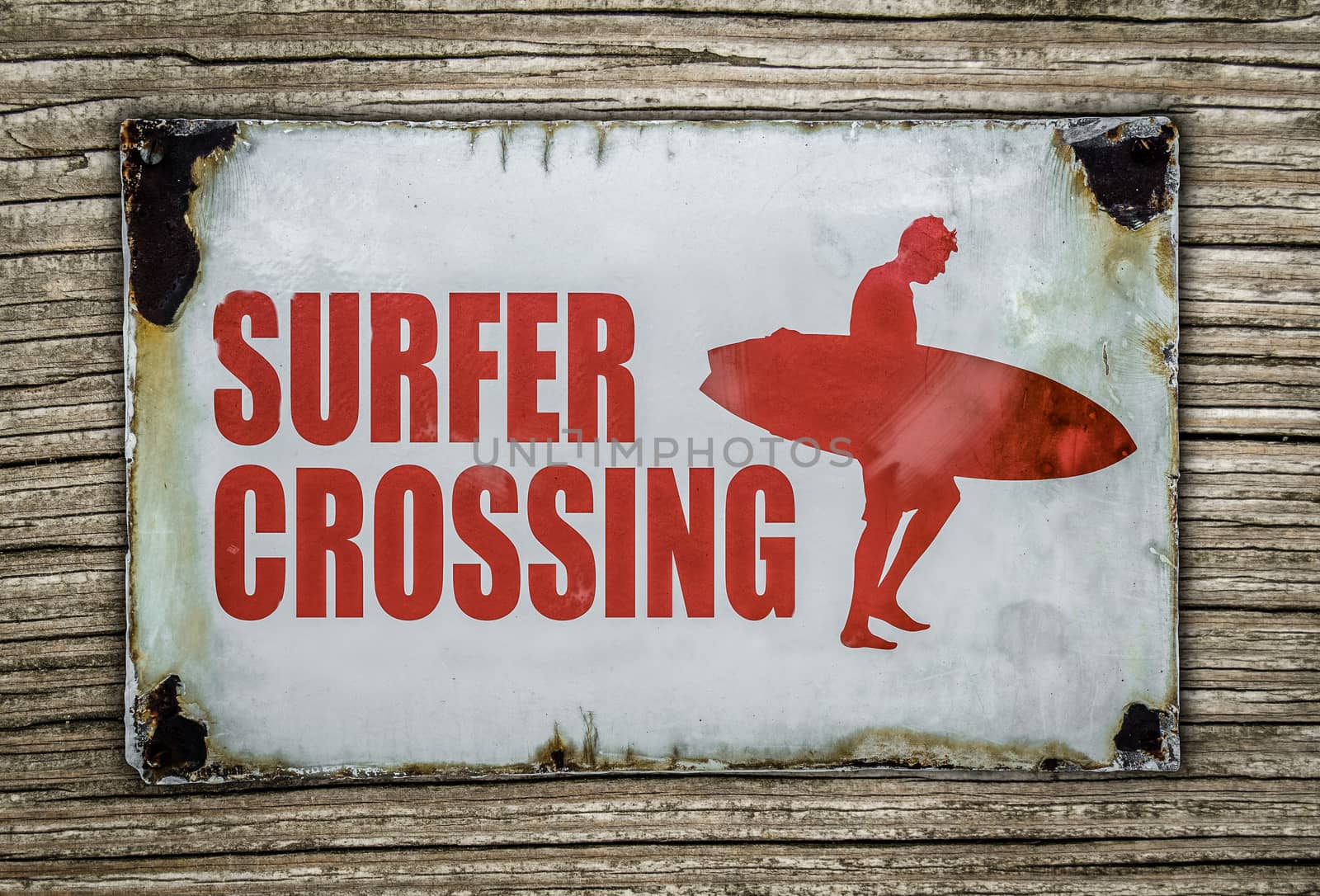 Vintage Red Retro Surfer Crossing Warning Sign On Wooden Background In Hawaii
