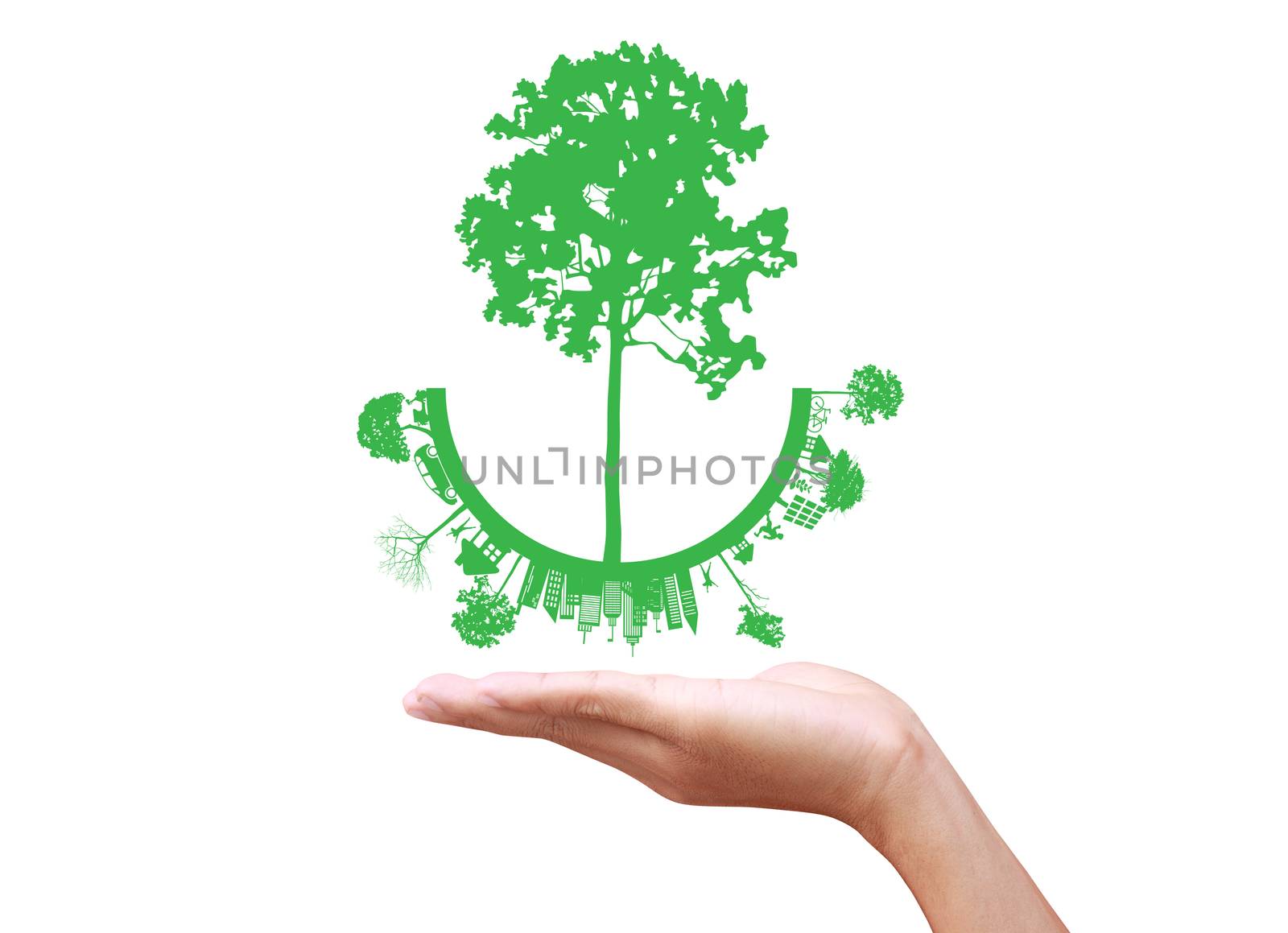 Green concept. Tree on the earth in hand by rufous