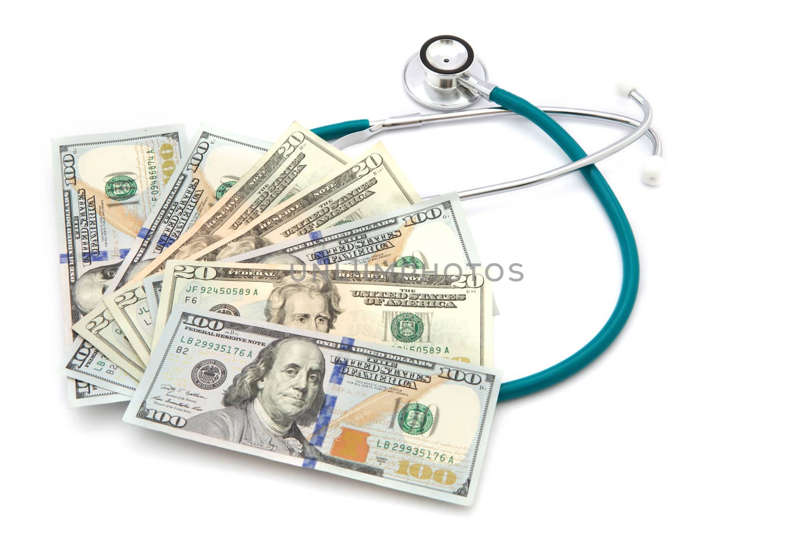 health care costs - Stethoscope on money background by rufous