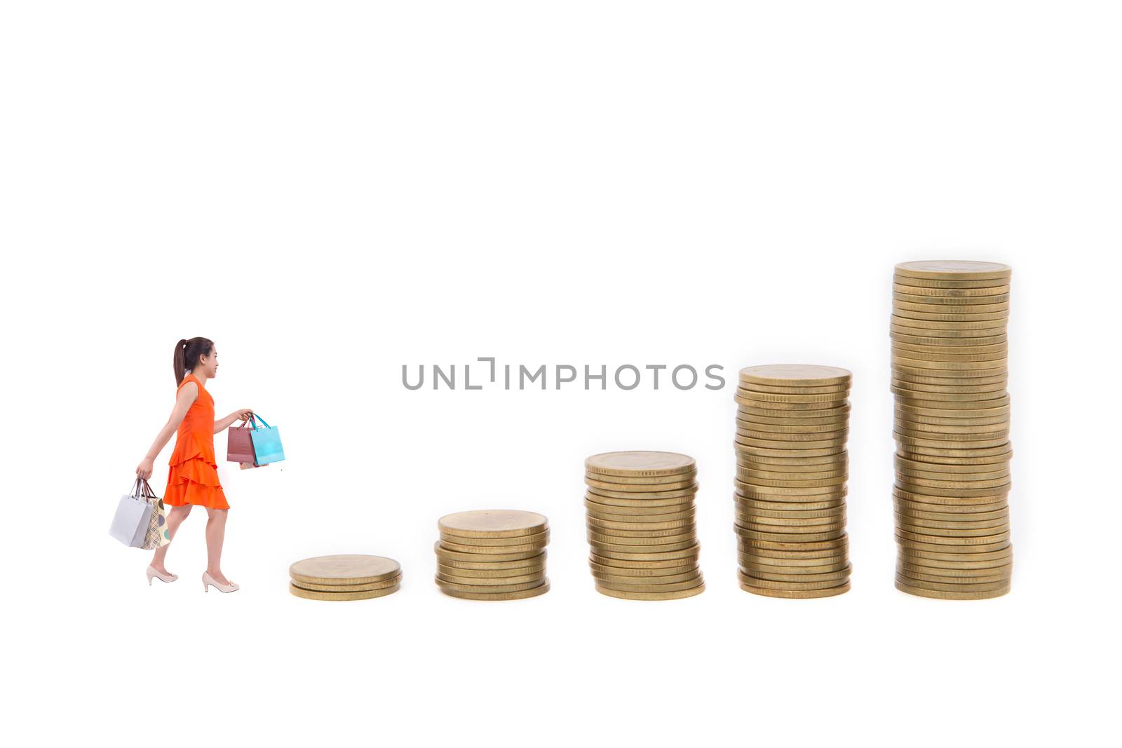 Coins in growth chart, isolated on white background.