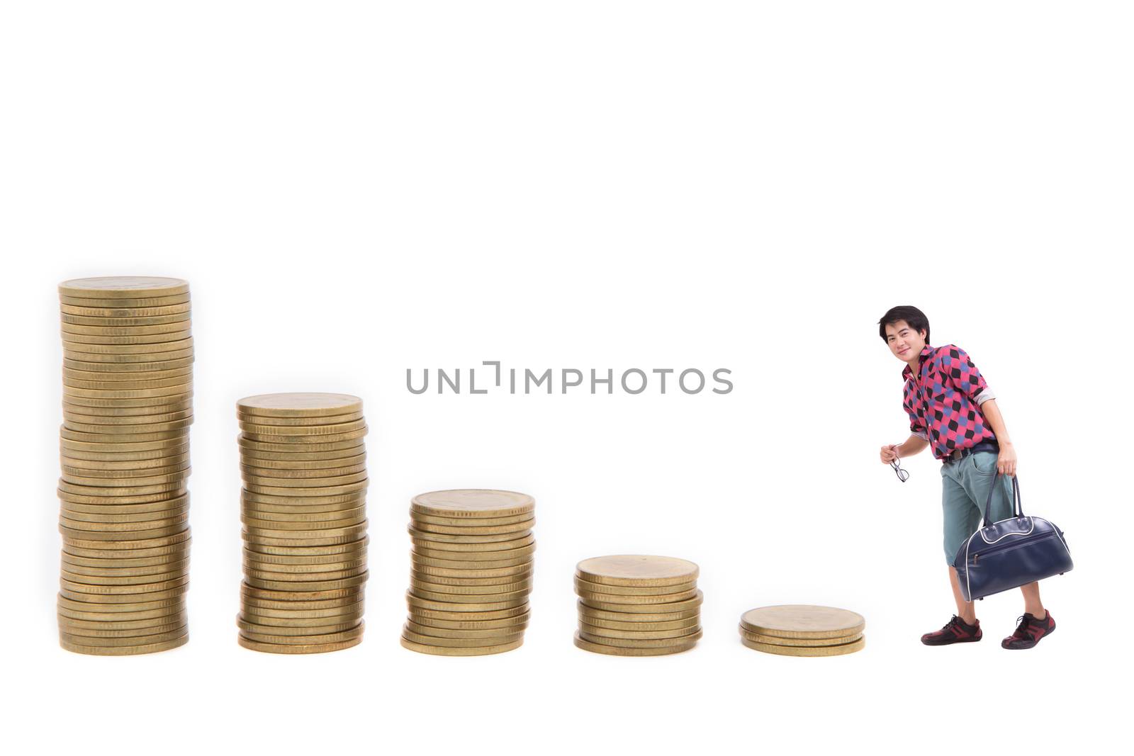 Shopping man goes up the gold coins on a white background