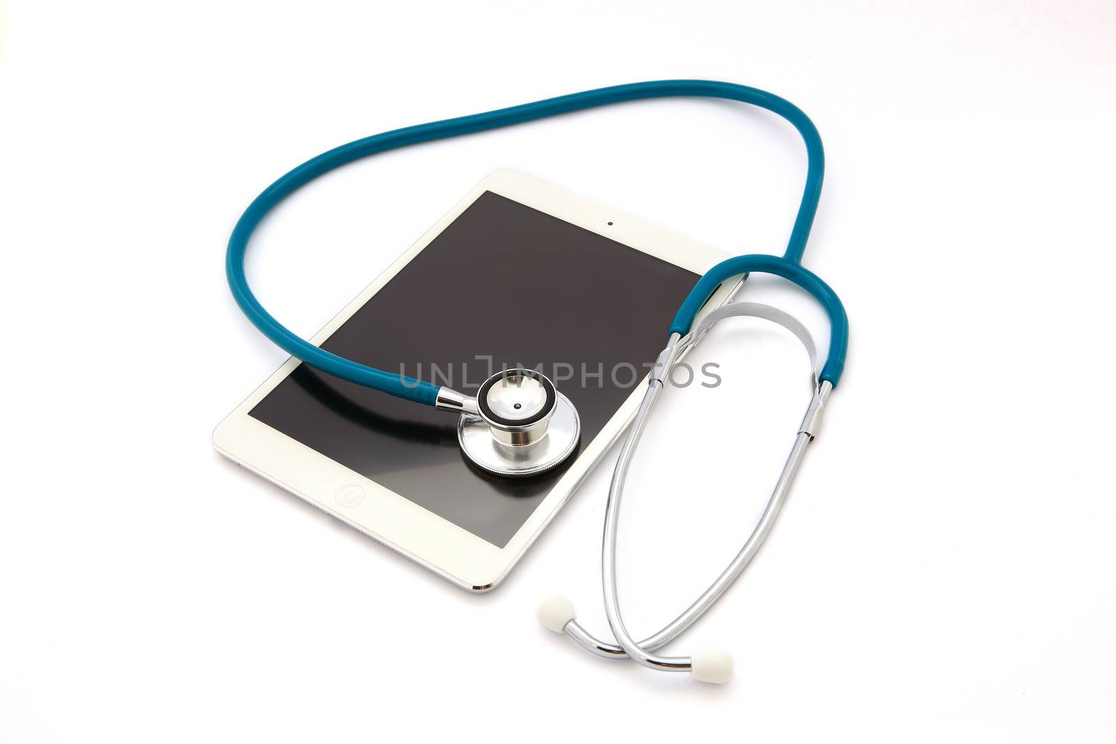 Tablet Computer With  Stethoscope, Isolated On White Background