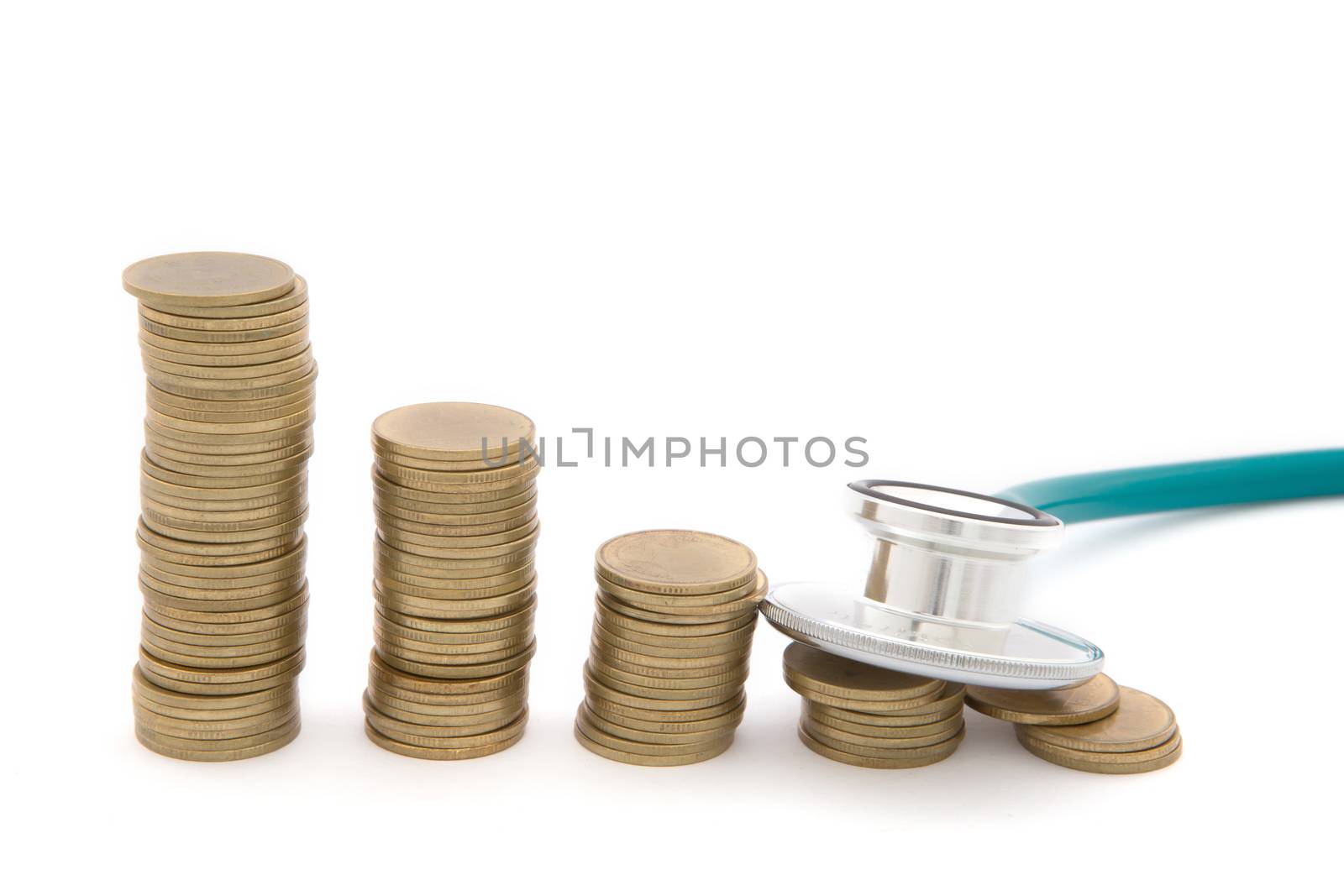 Stethoscope over  coins. Concept of saving bad economy