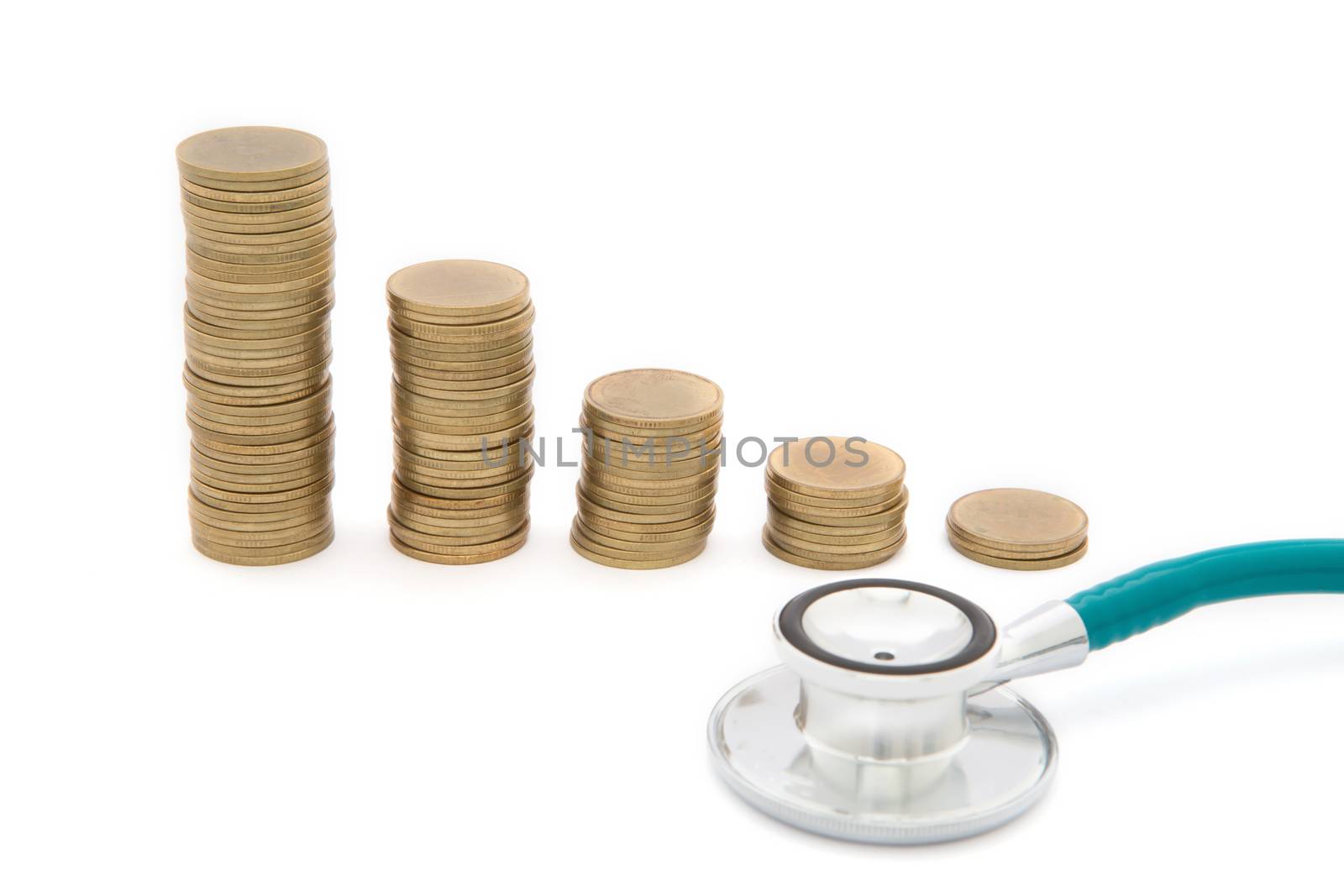 Stethoscope over  coins. Concept of saving bad economy