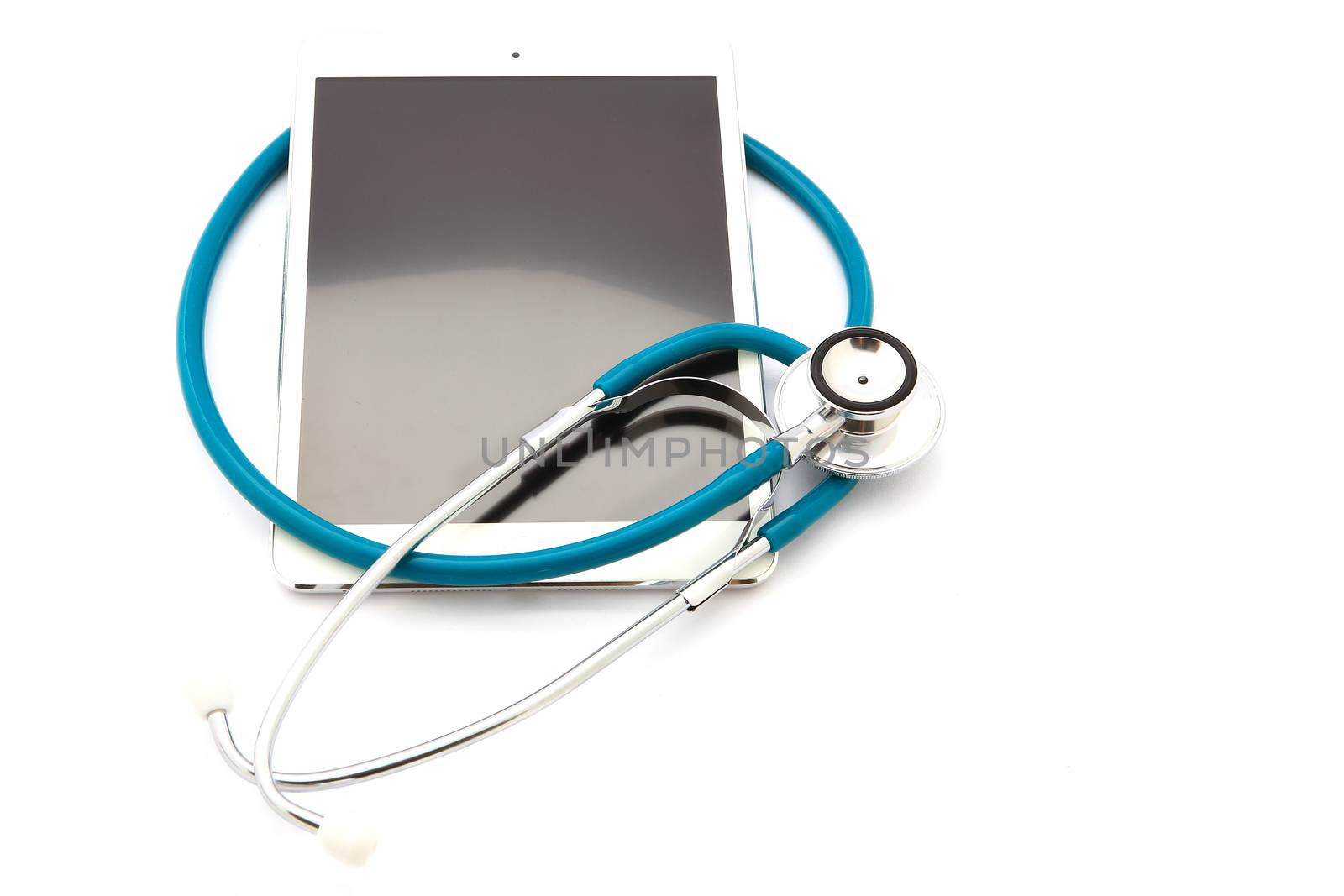 Tablet Computer With  Stethoscope, Isolated On White Background by rufous