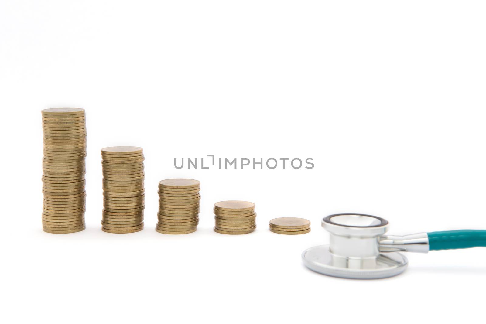 Stethoscope over  coins. Concept of saving bad economy by rufous