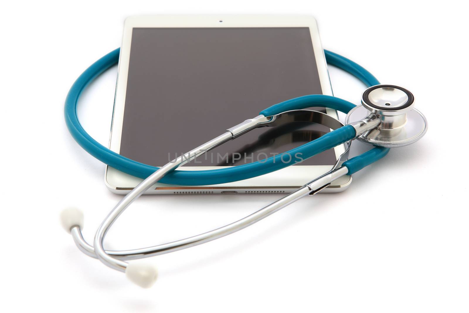 Tablet Computer With  Stethoscope, Isolated On White Background by rufous