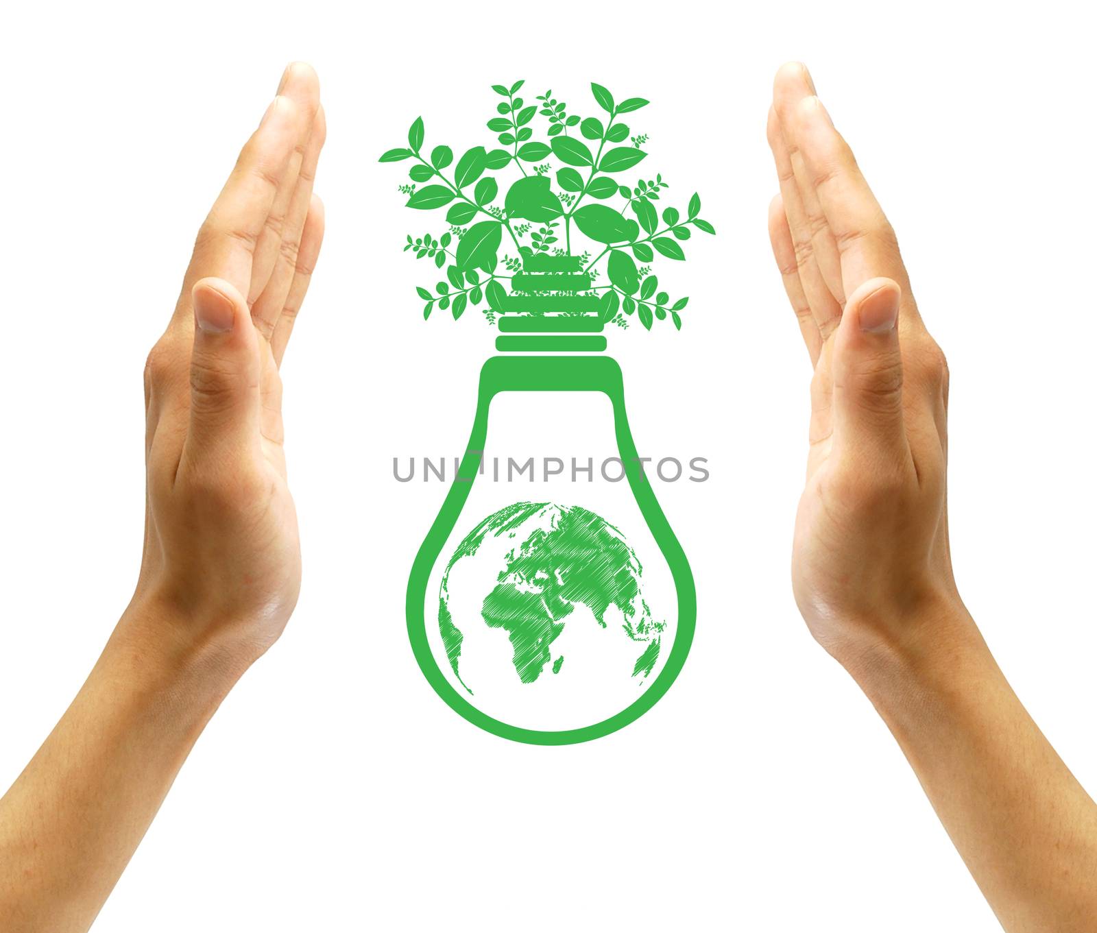 Hands holding green ecology light bulb