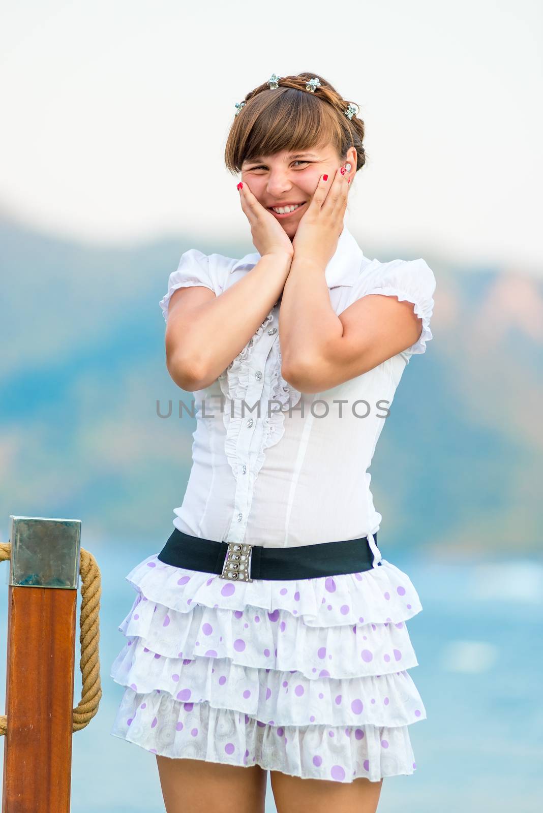 Portrait of a embarrassed girl in white dress by kosmsos111