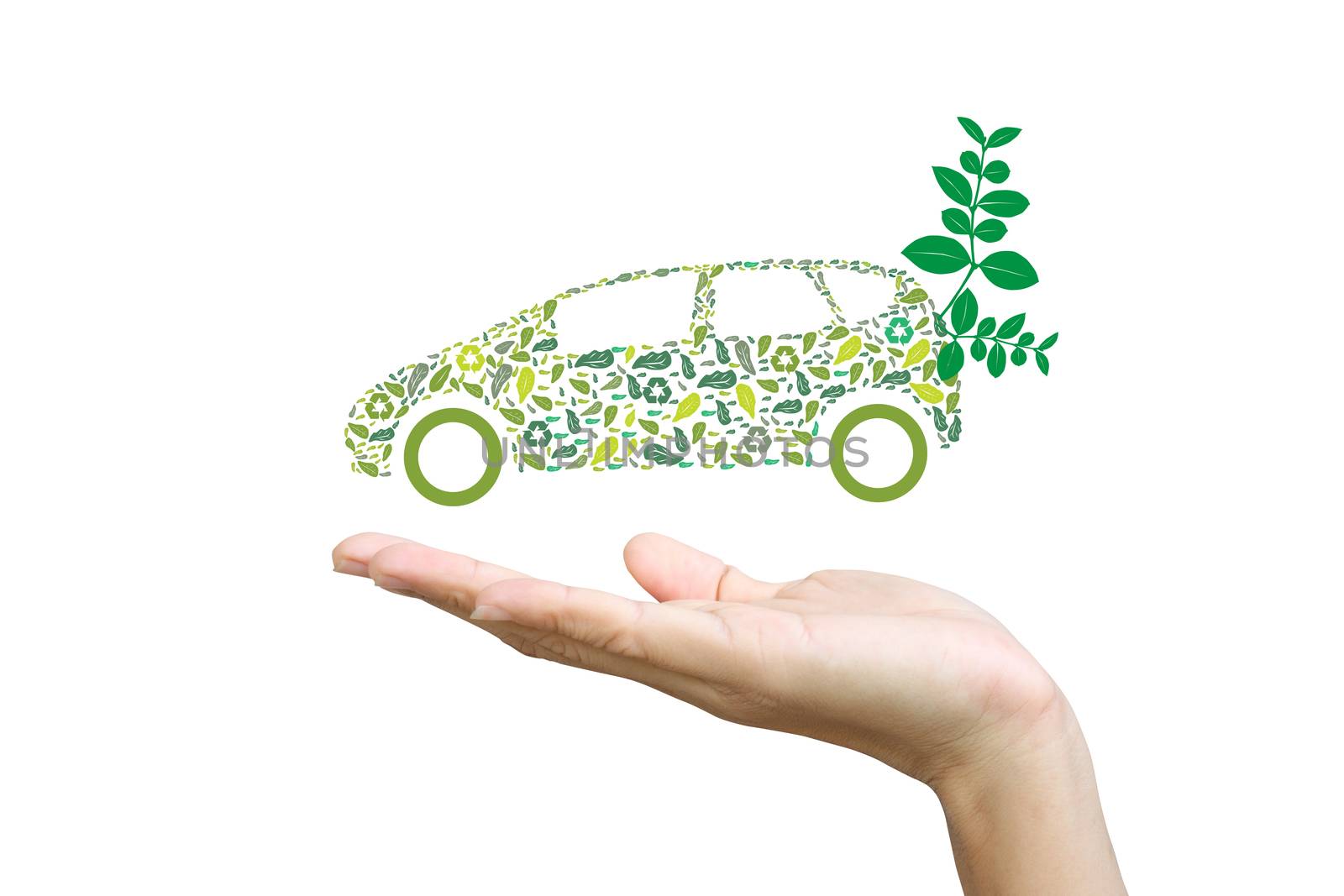 Car silhouette with green leaves