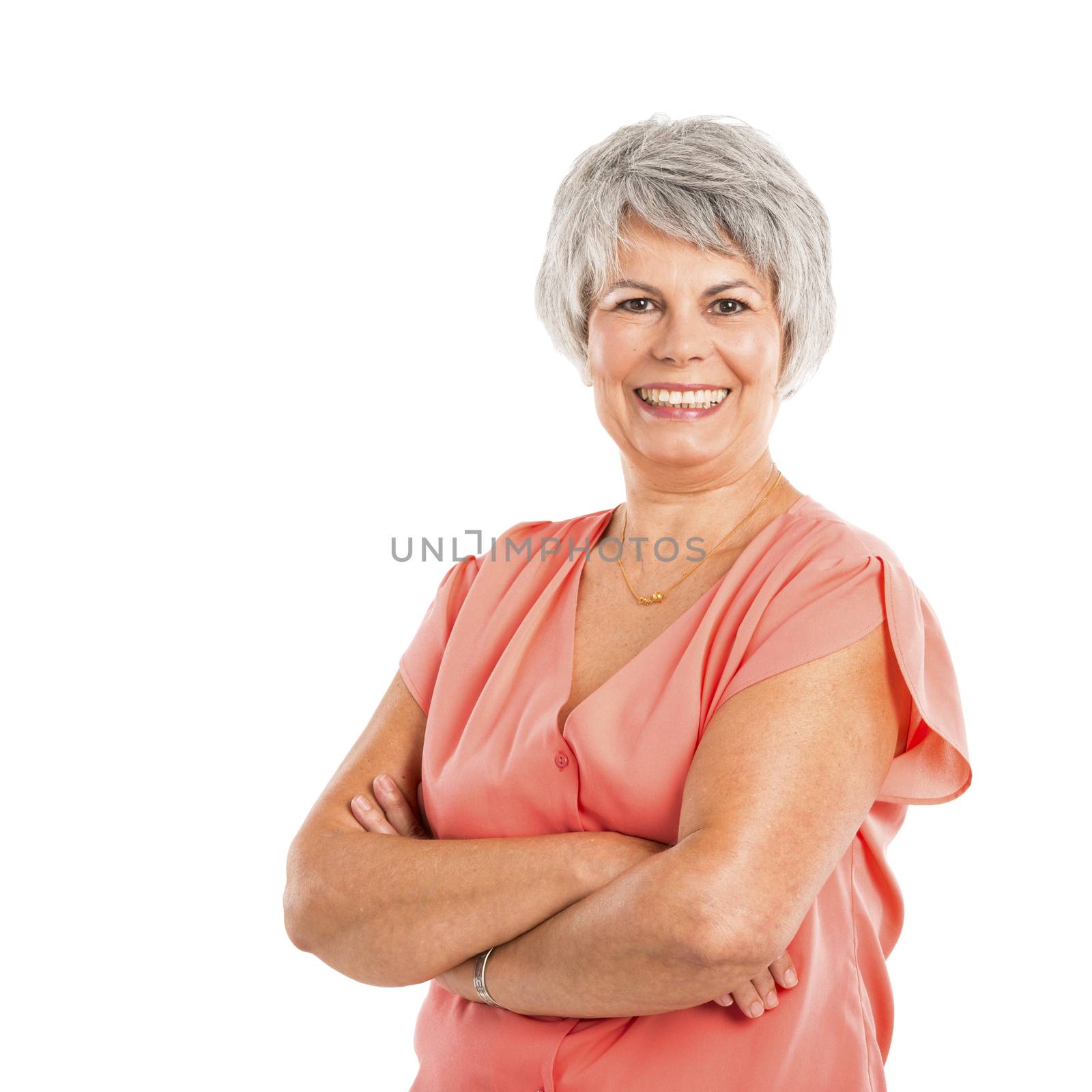 Portrait of a elderly woman smiling, isolated on a white background