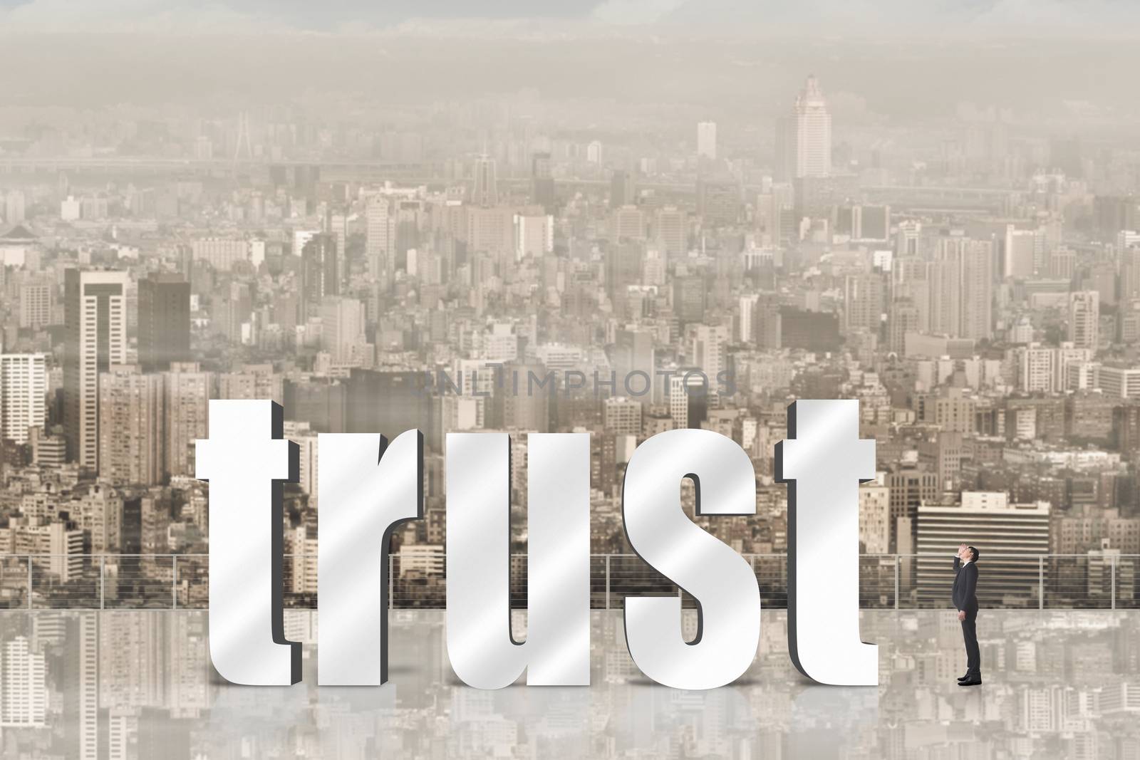 Concept of trust, belief, credit etc with 3d text under sky in the modern city and one Asian business man looking it.