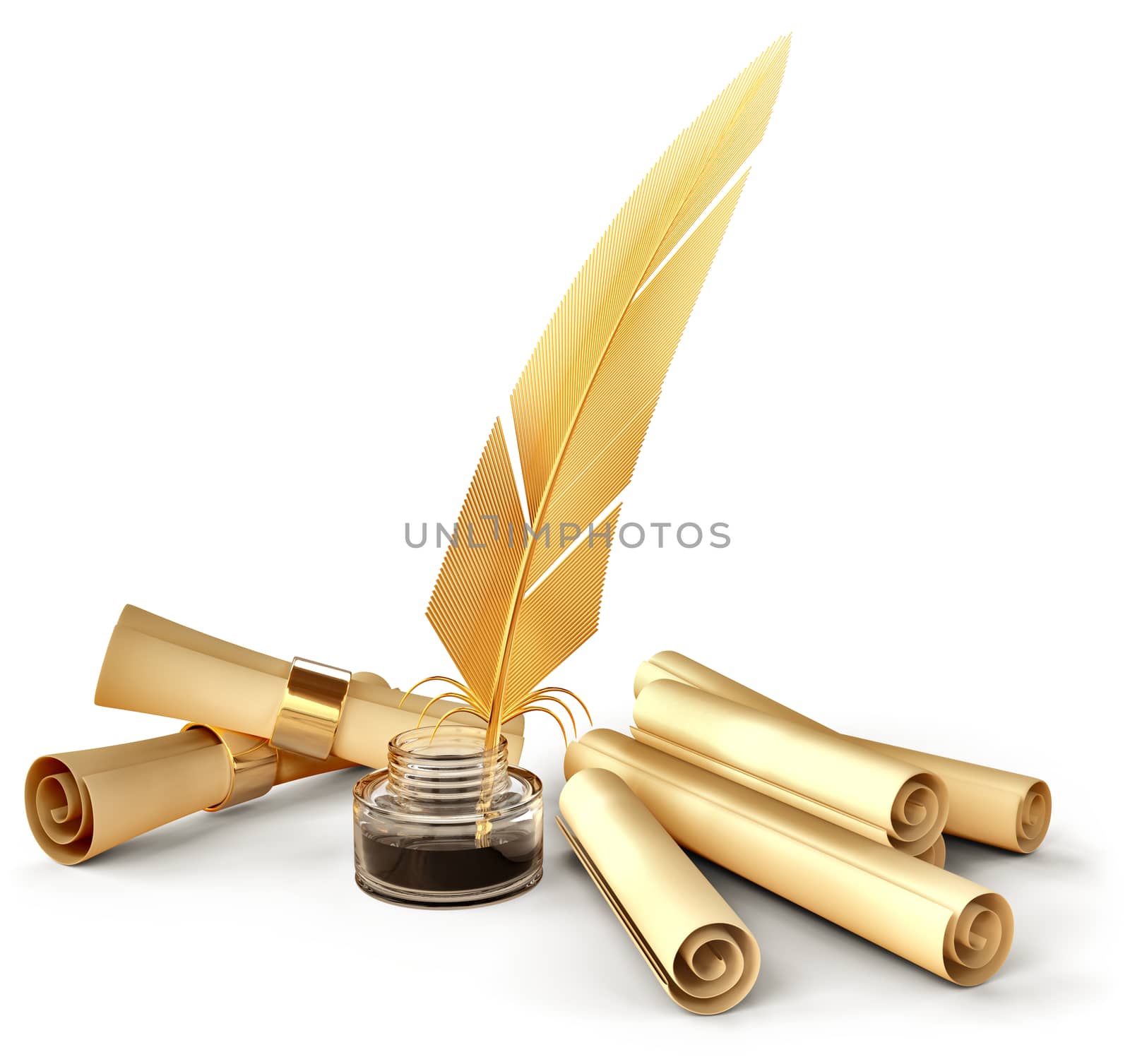 old-fashioned gold feather with ink and blank scrolls for writing business correspondence letters at old times
