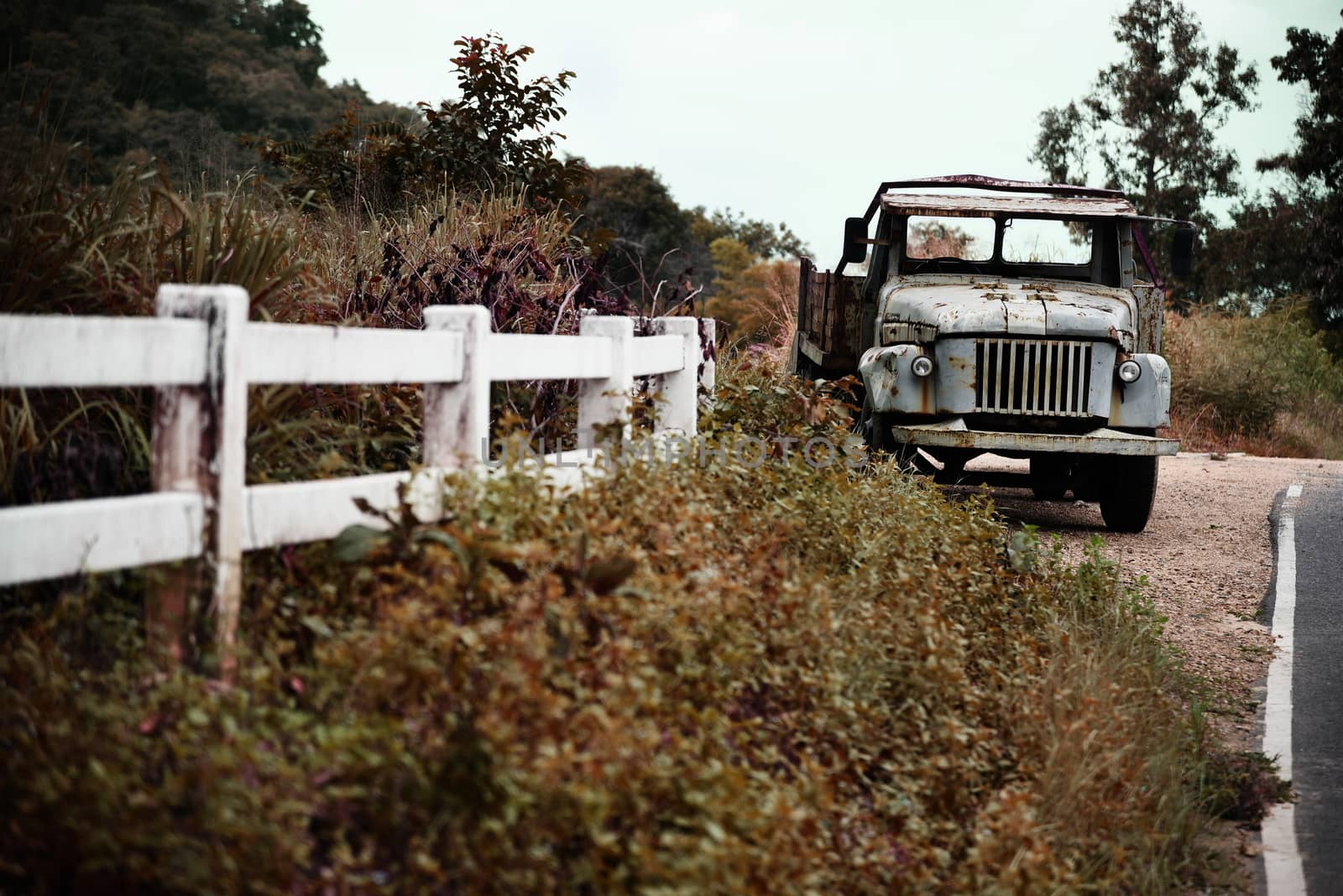 Old truck beside the street, Vintage concept by pixbox77