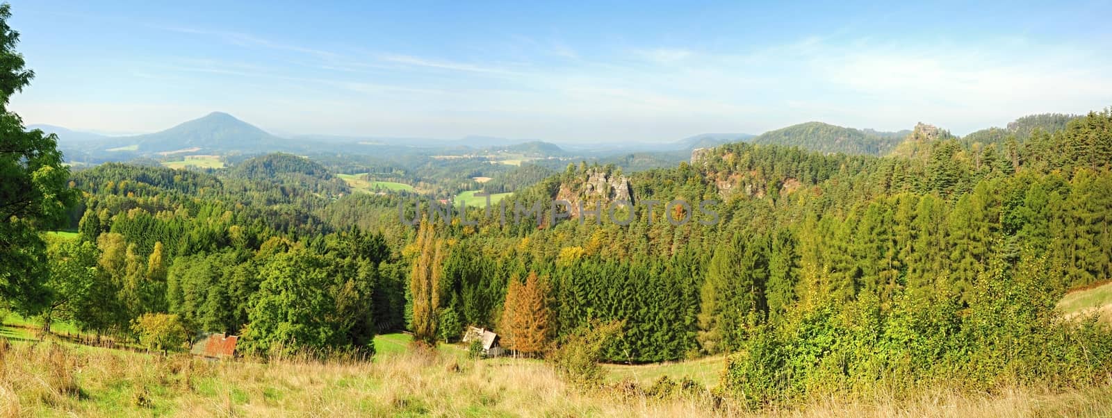 Landscape in Czech Switzerland - panoramic view of the rocks and forests