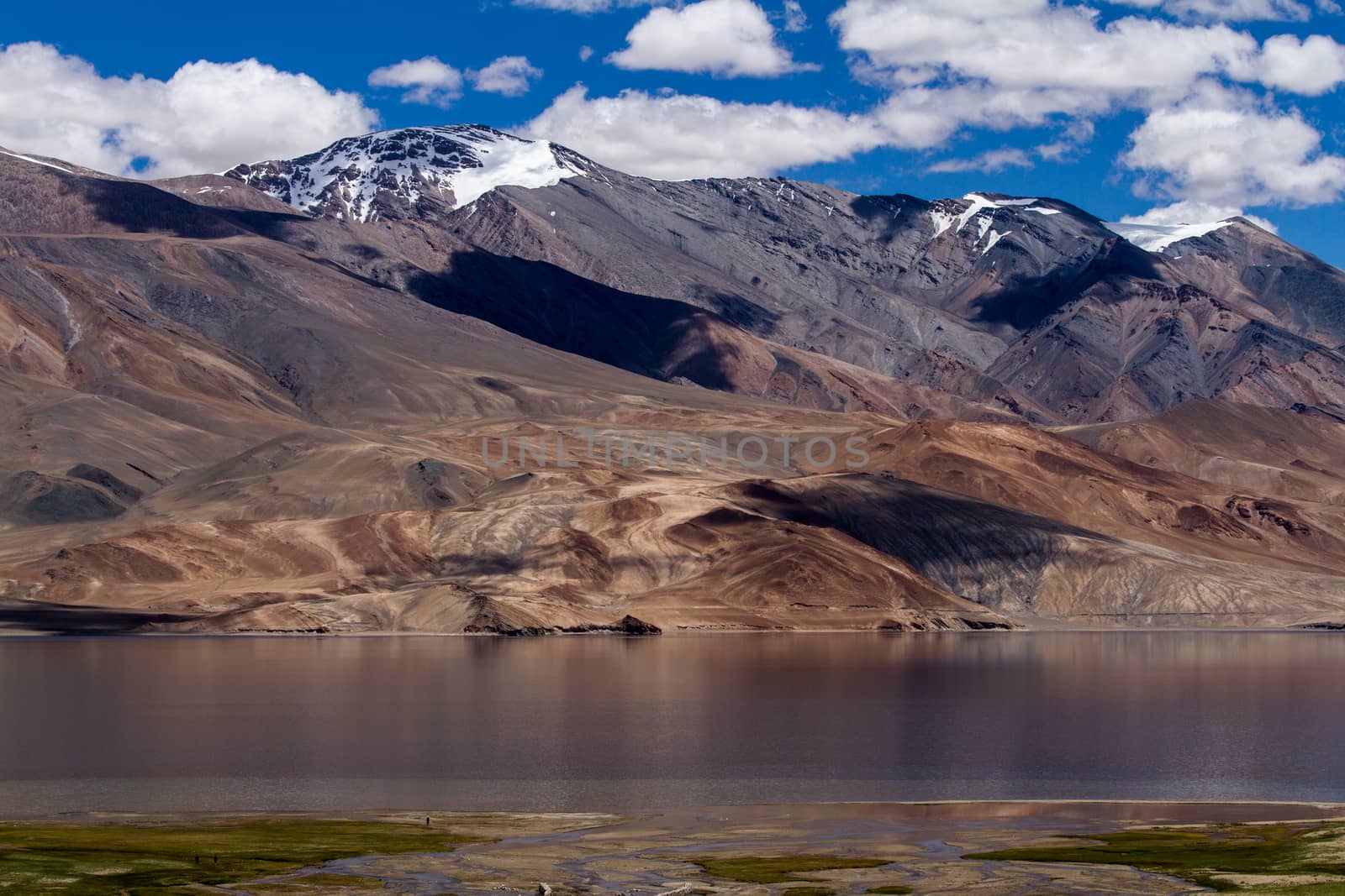Tsomoriri mountain lake panorama with mountains and blue sky ref by straannick